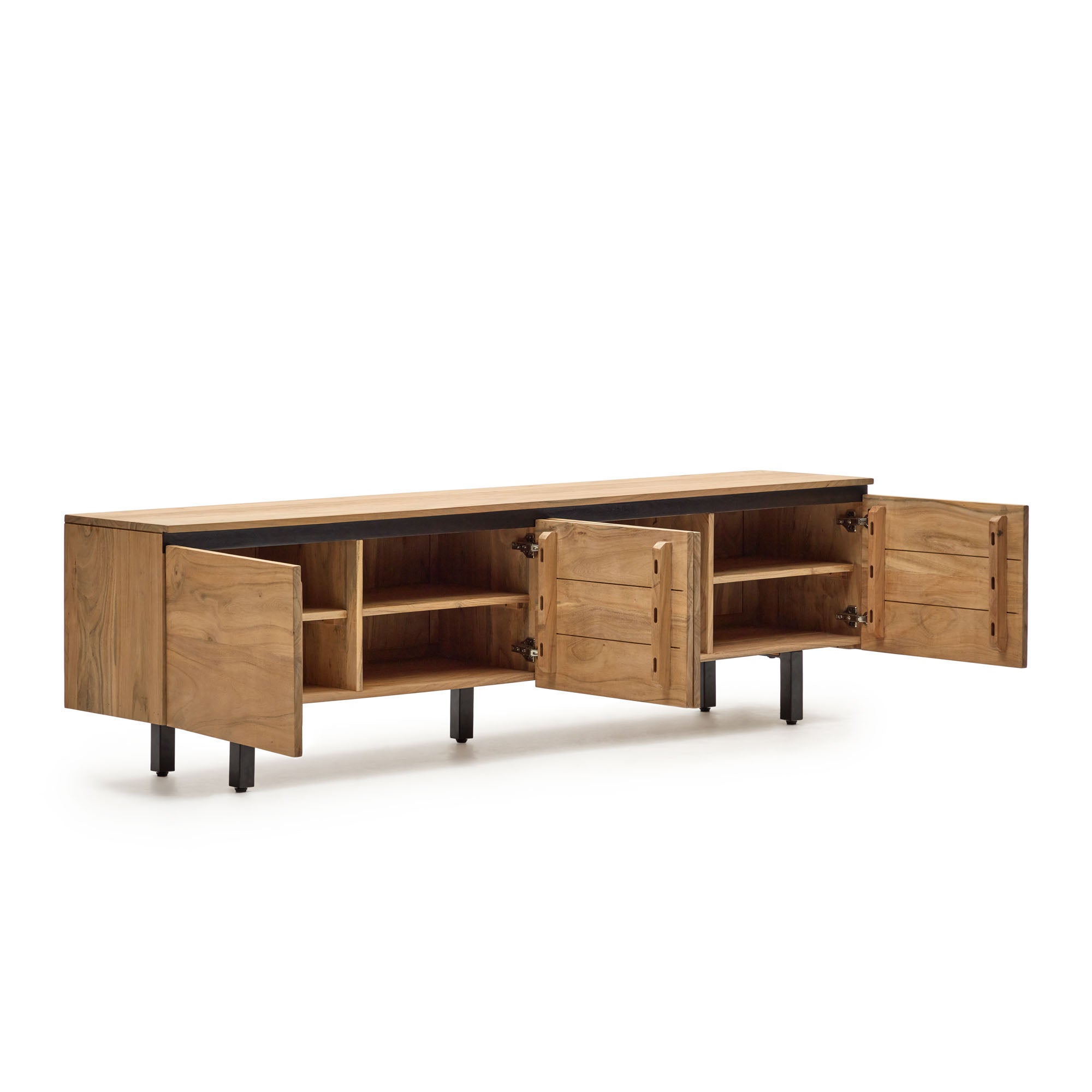 Uxue TV stand with 4 solid acacia wood doors in a natural finish, 200 x 58 cm