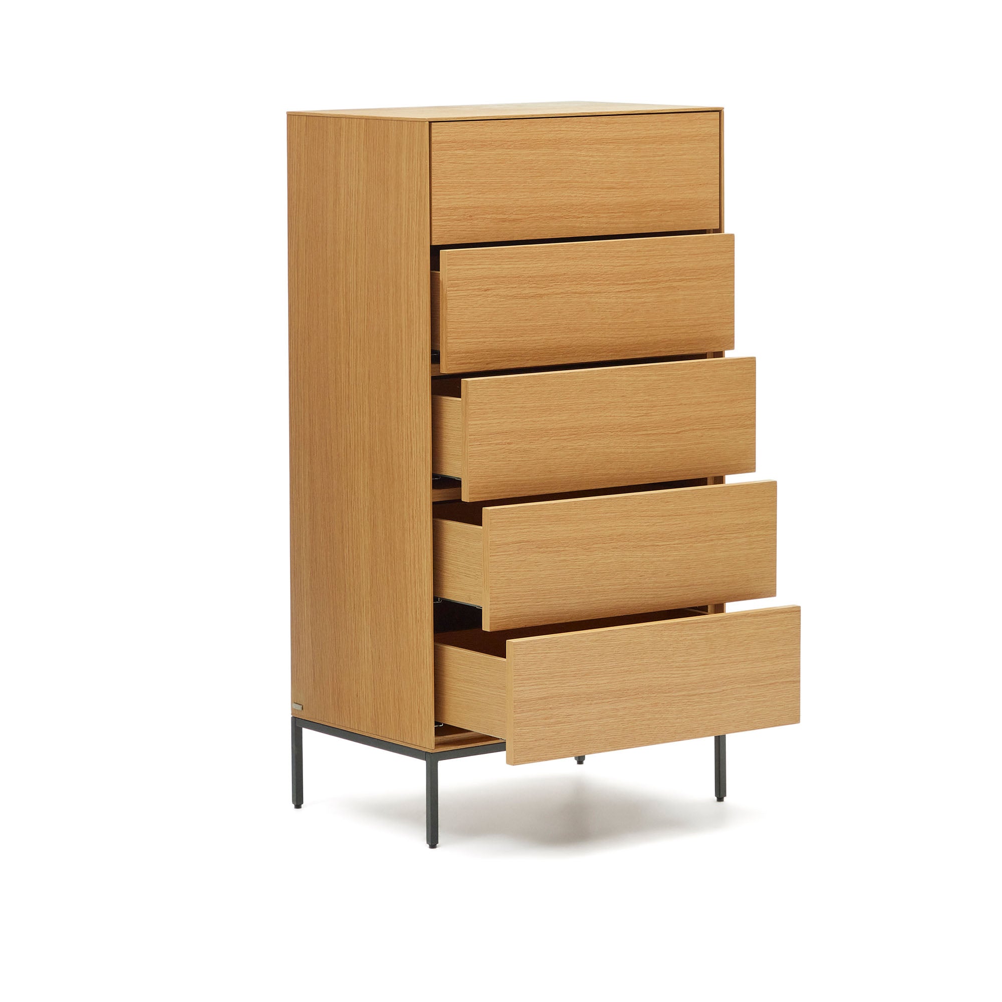 Vedrana 5 drawer chest of drawers in oak veneer with black steel legs, 60 x 114 cm