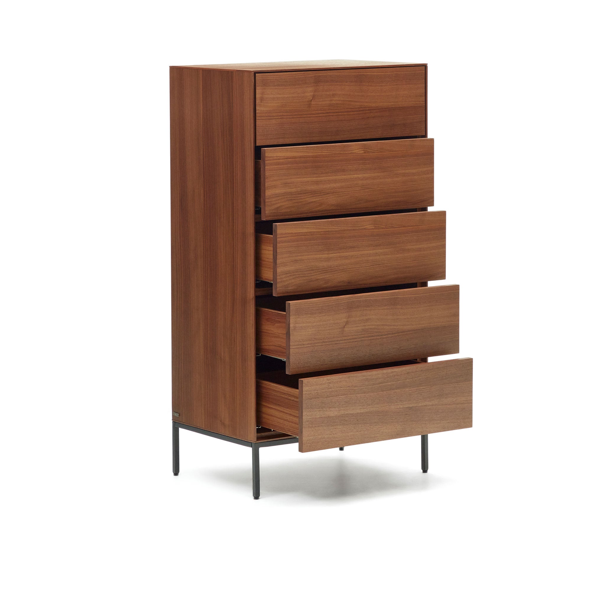 Vedrana 5 drawer chest of drawers in walnut veneer with black steel legs, 60 x 114 cm