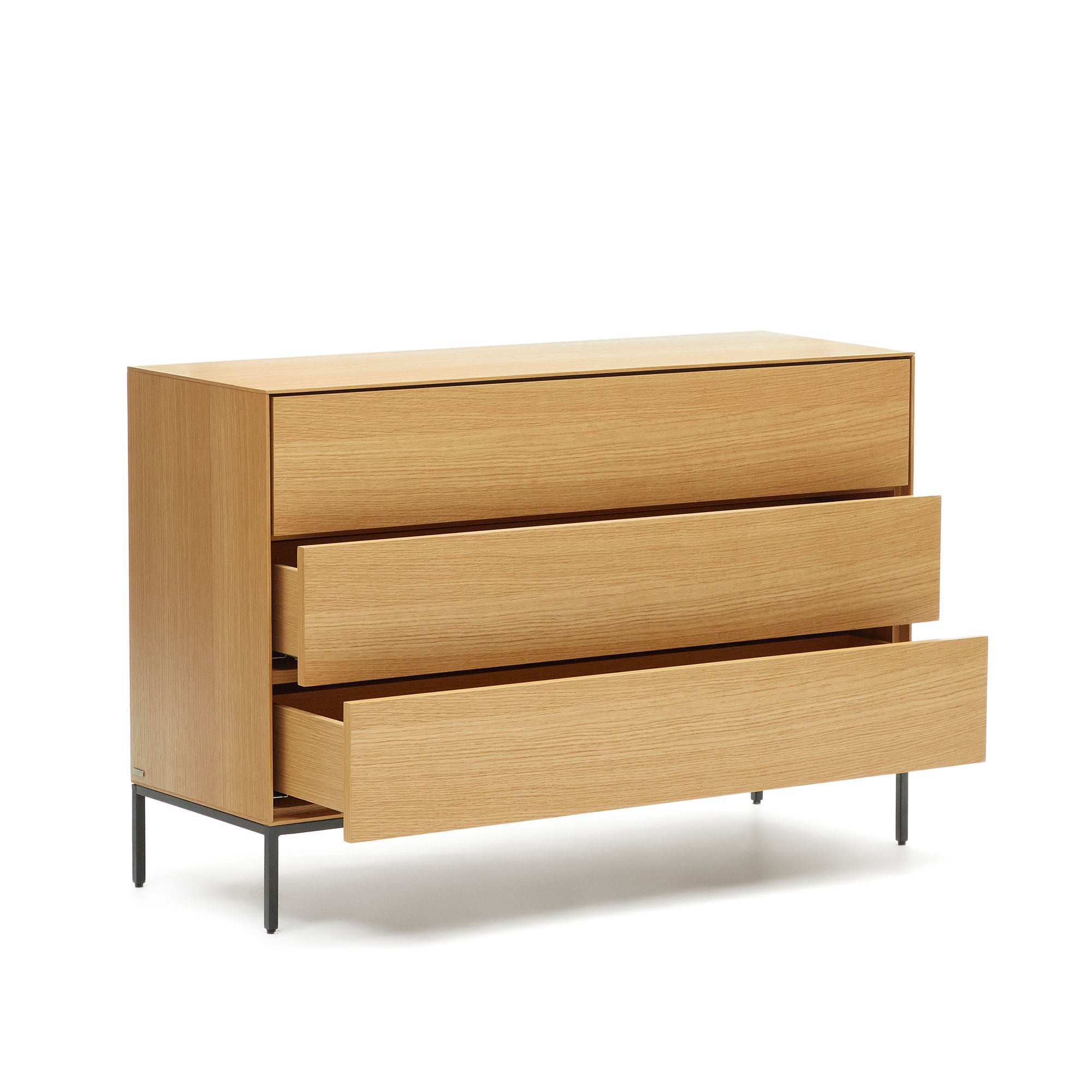 Vedrana 3 drawer chest of drawers in oak veneer with black steel legs, 110 x 75 cm