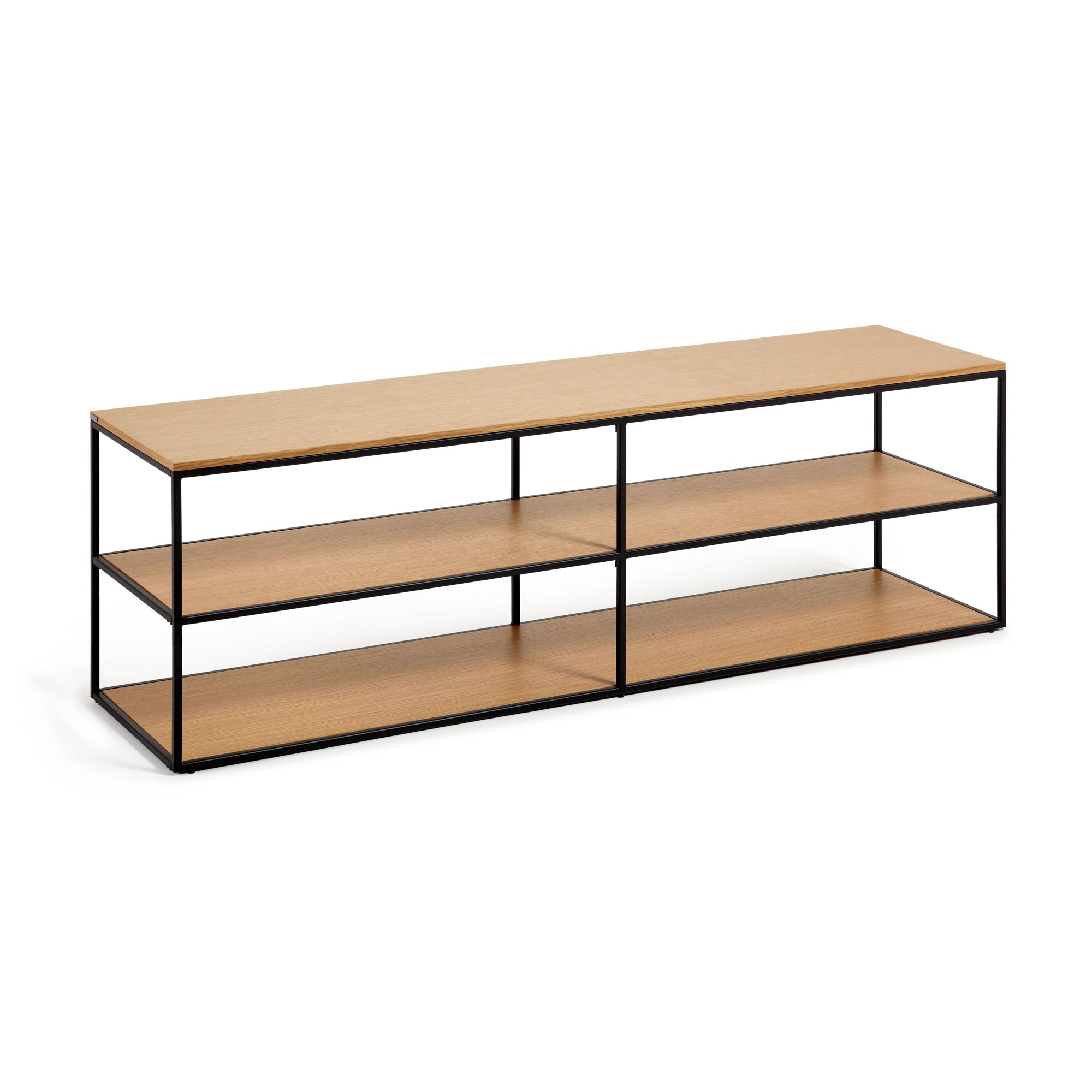 Yoana TV stand with an oak wood veneer and painted black metal structure, 160 x 40 cm