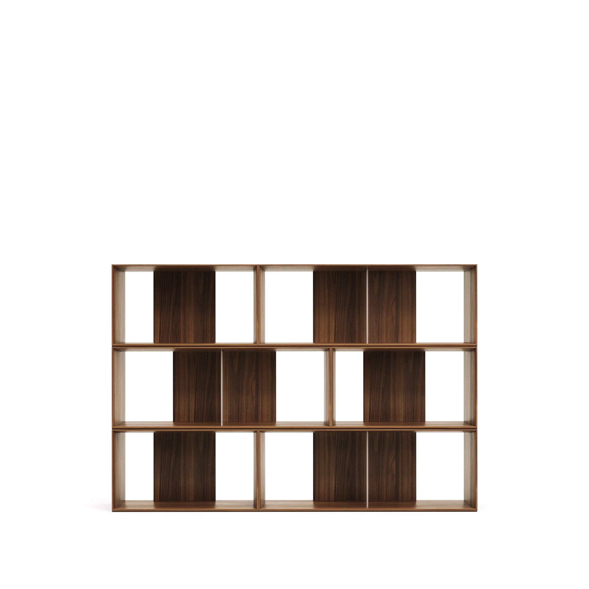 Litto set of 6 modular shelving units in walnut wood veneer, 168 x 114 cm