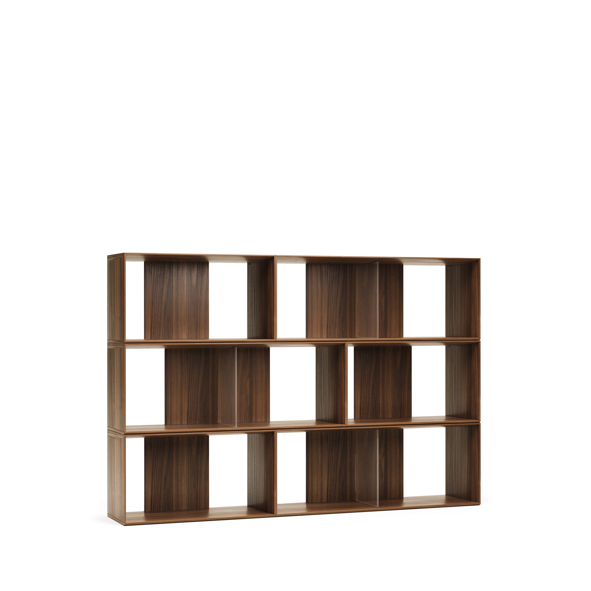 Litto set of 6 modular shelving units in walnut wood veneer, 168 x 114 cm