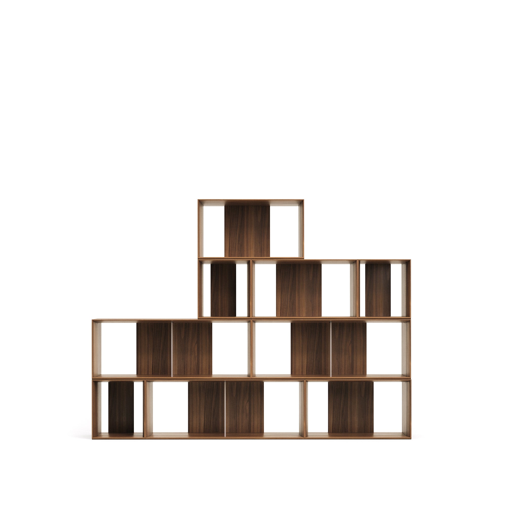 Litto set of 9 modular shelving units in walnut wood veneer, 202 x 114 cm