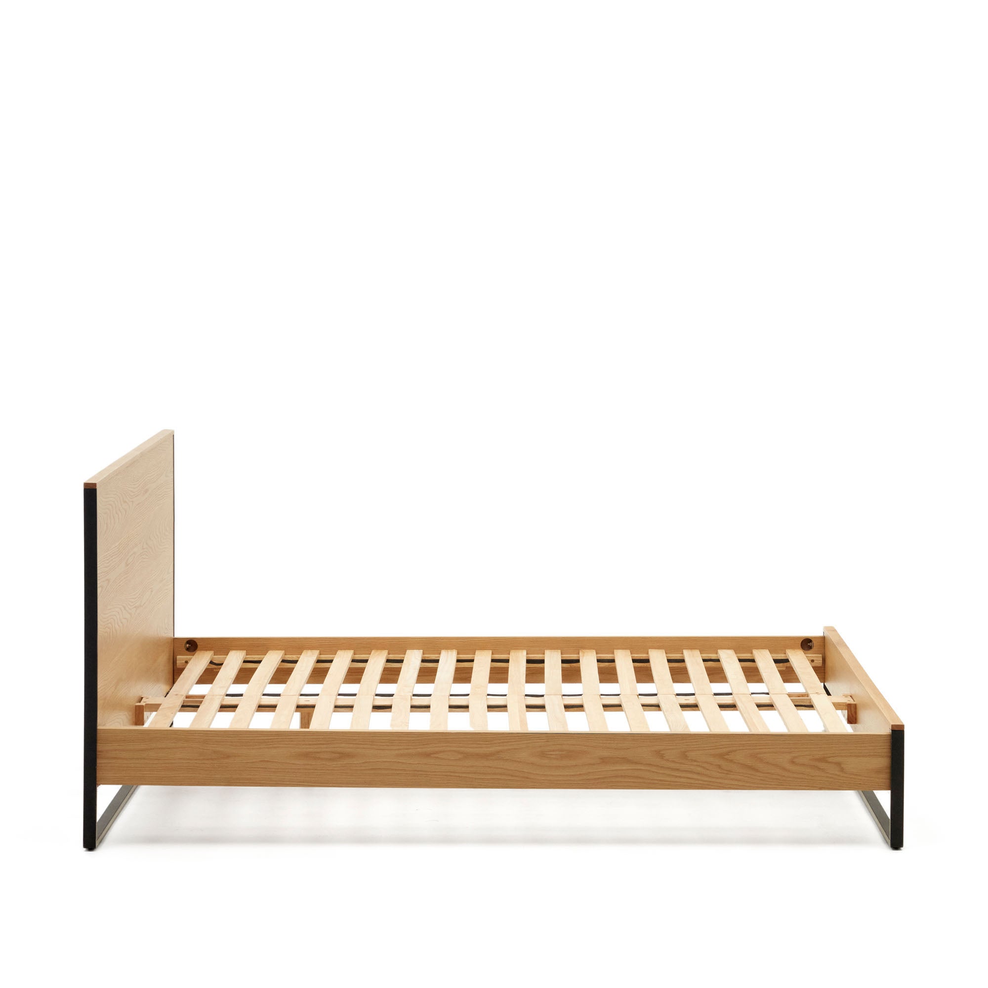 Taiana oak wood veneer bed with steel legs in a black finish, 160 x 200 cm