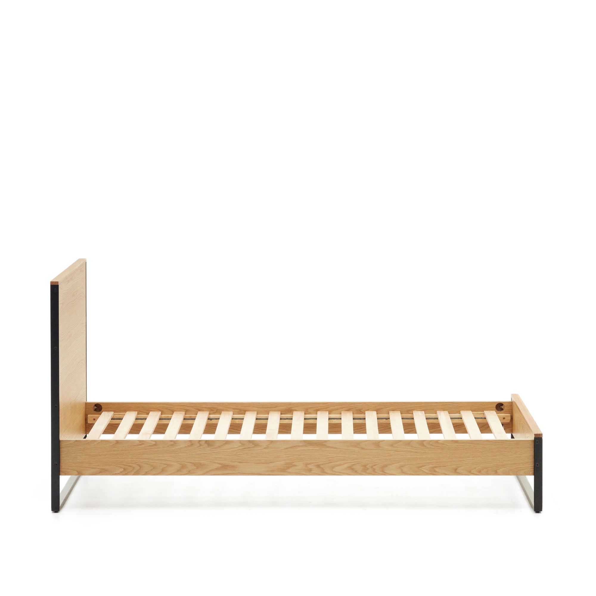 Taiana oak wood veneer bed with steel legs in a black finish, 90 x 190 cm