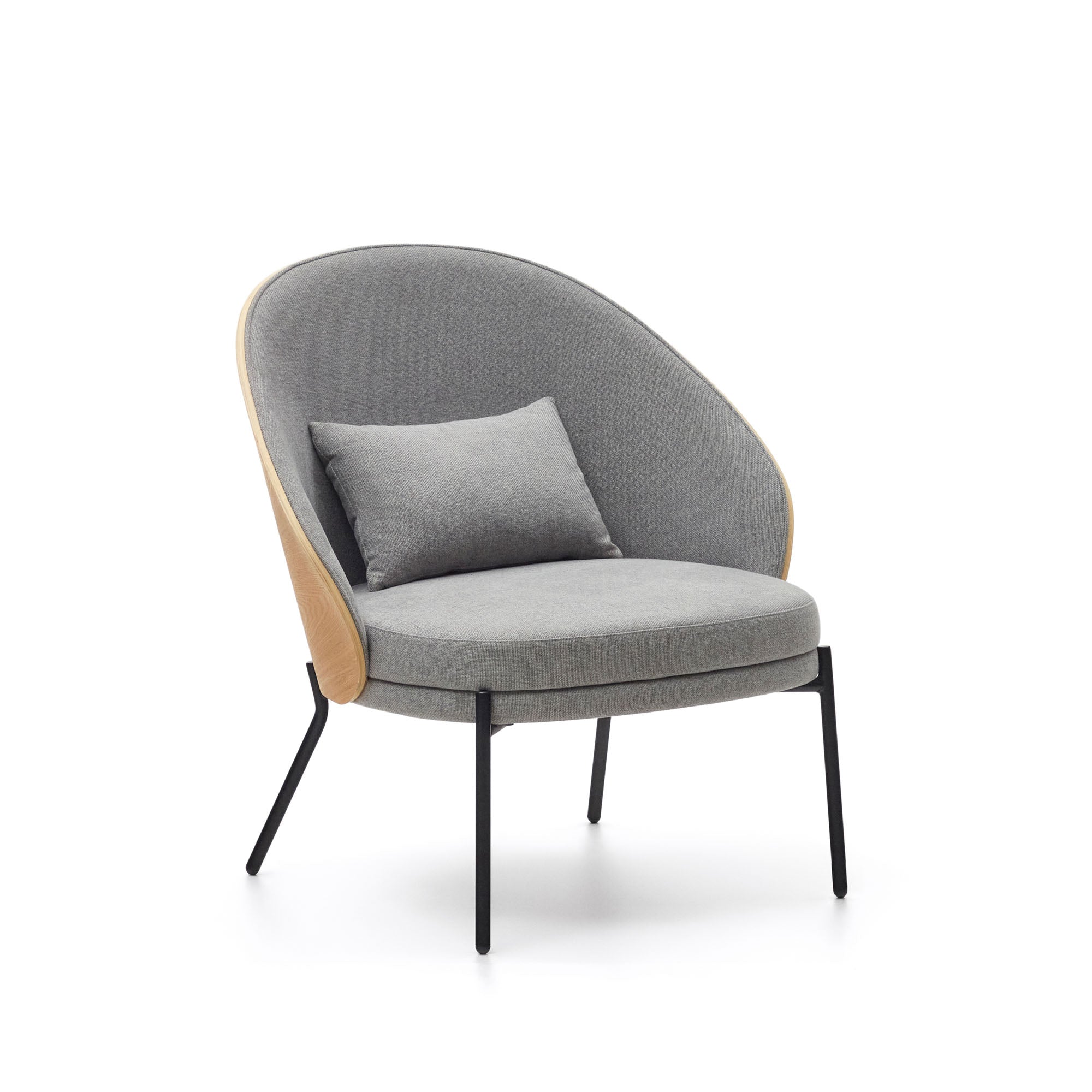 Eamy light grey armchair in an ash wood veneer with a natural finish and black metal