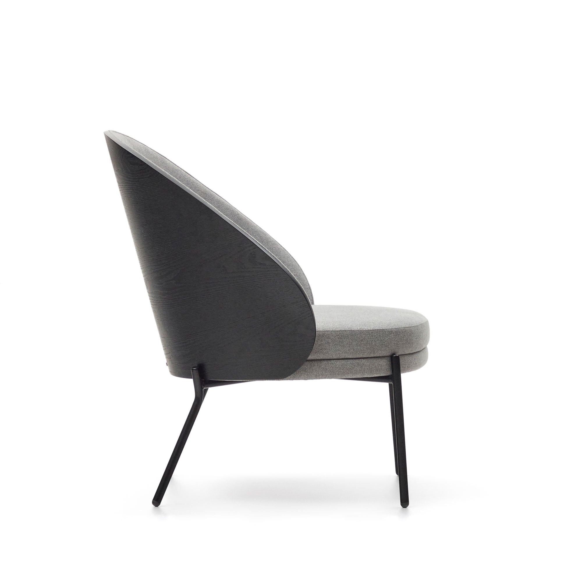 Eamy light grey armchair in an ash wood veneer with a black finish and black metal