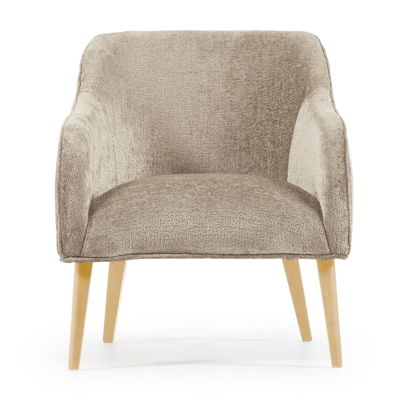 Bobly armchair in beige chenille with wooden legs with natural finish