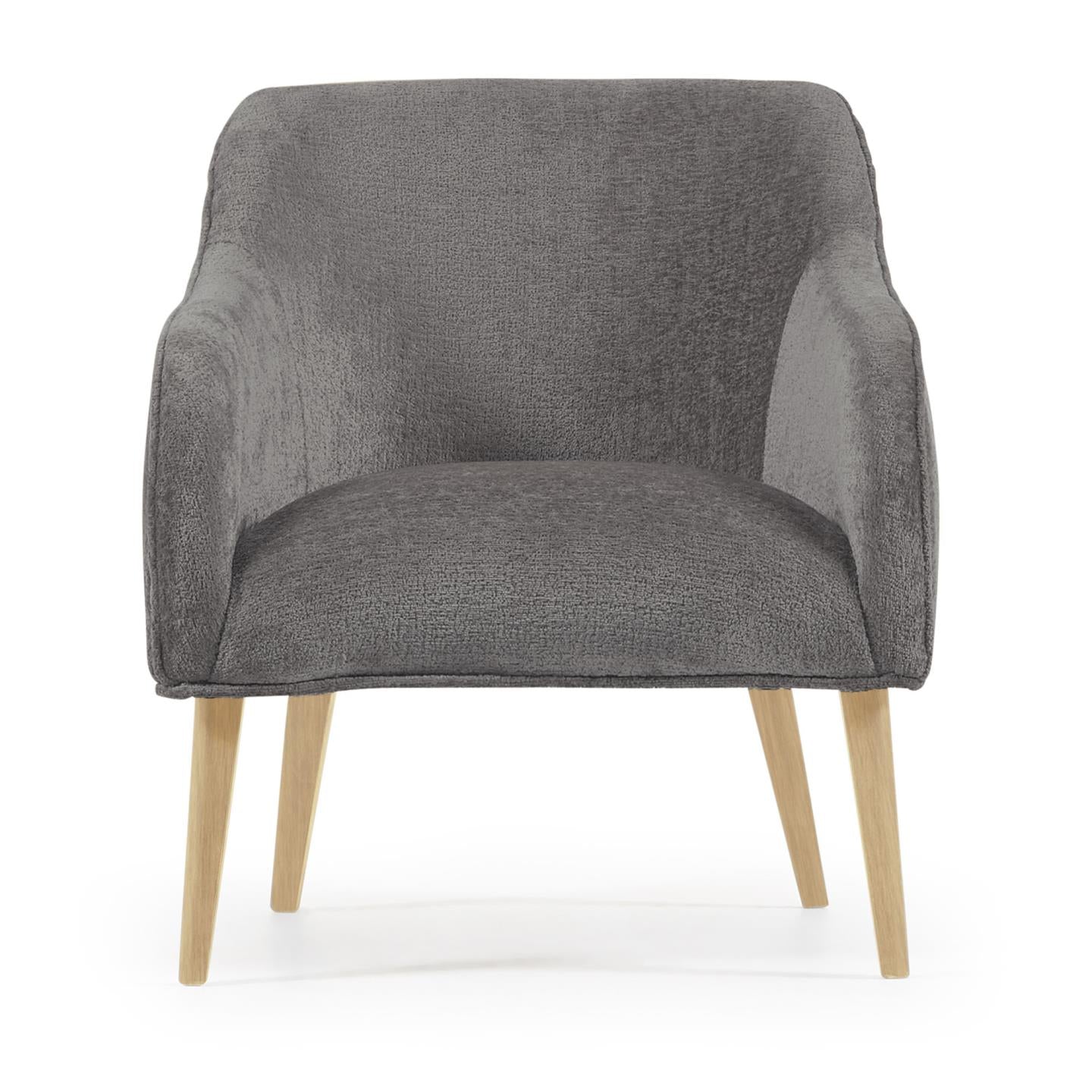 Bobly armchair in dark grey chenille and wooden legs with natural finish