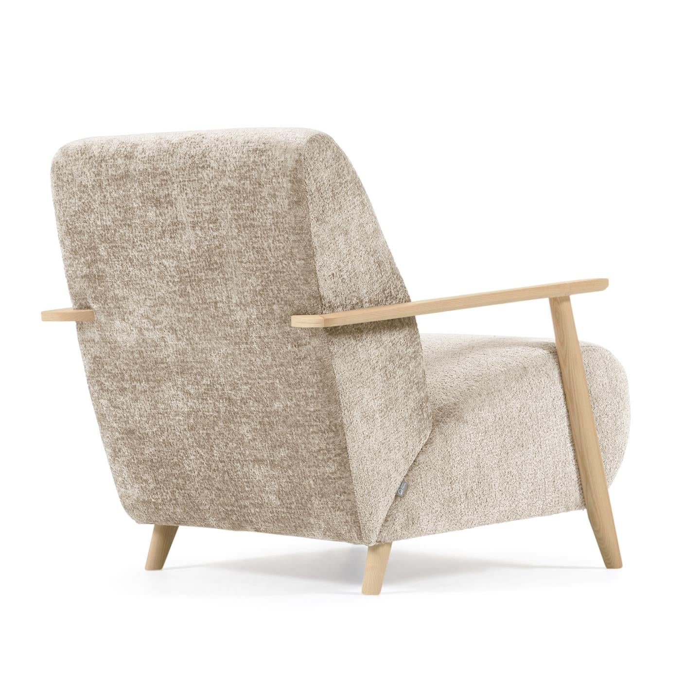 Meghan armchair in beige chenille and wood with natural finish