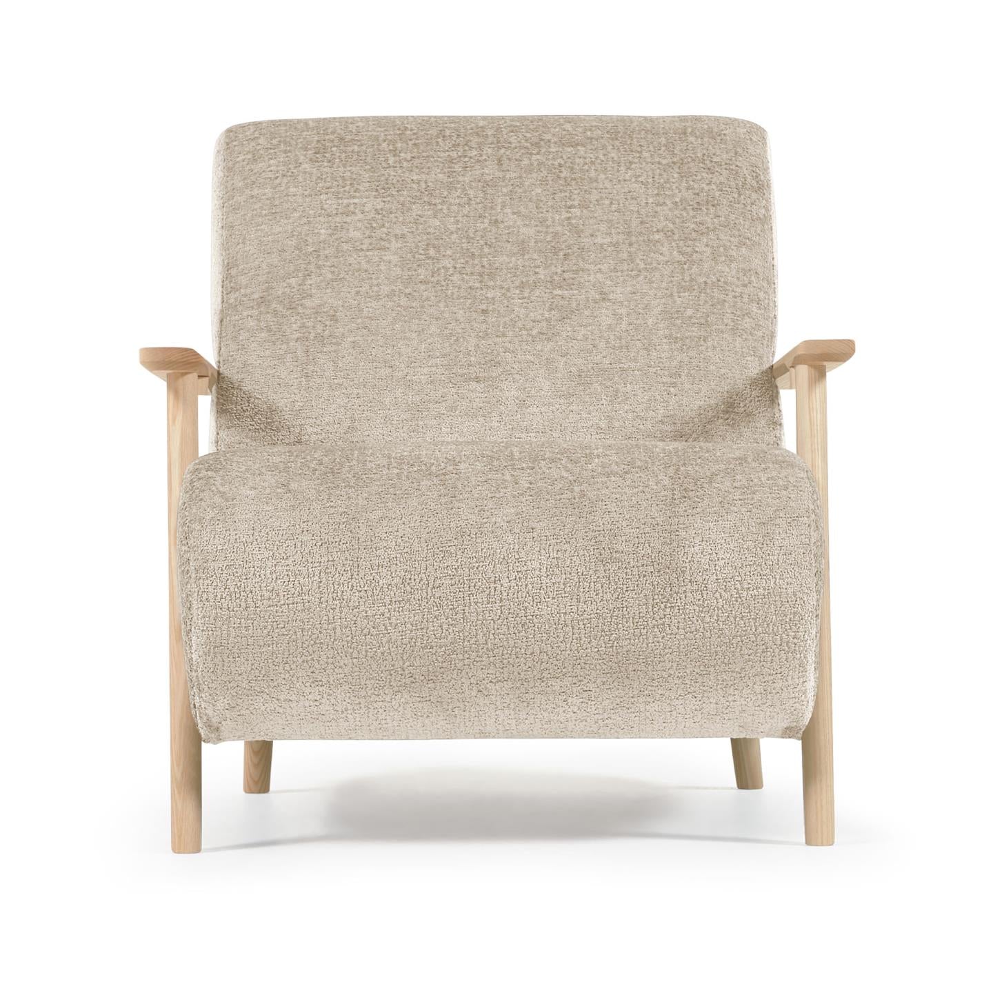 Meghan armchair in beige chenille and wood with natural finish