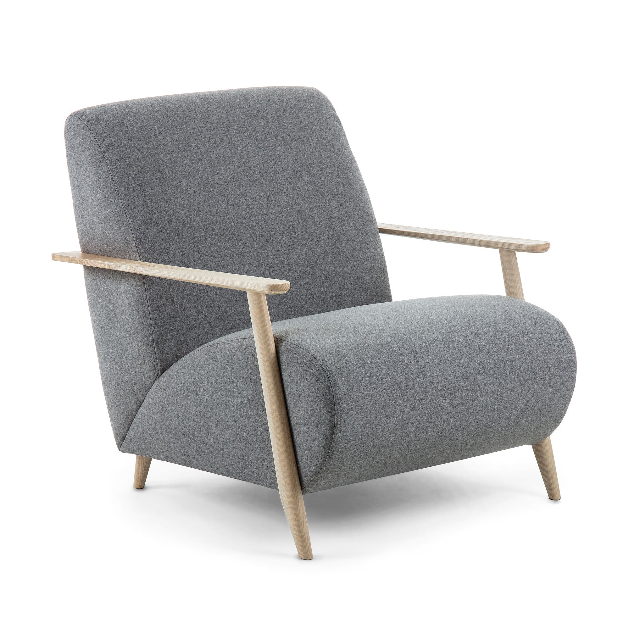 Meghan armchair in grey with solid ash legs with natural finish