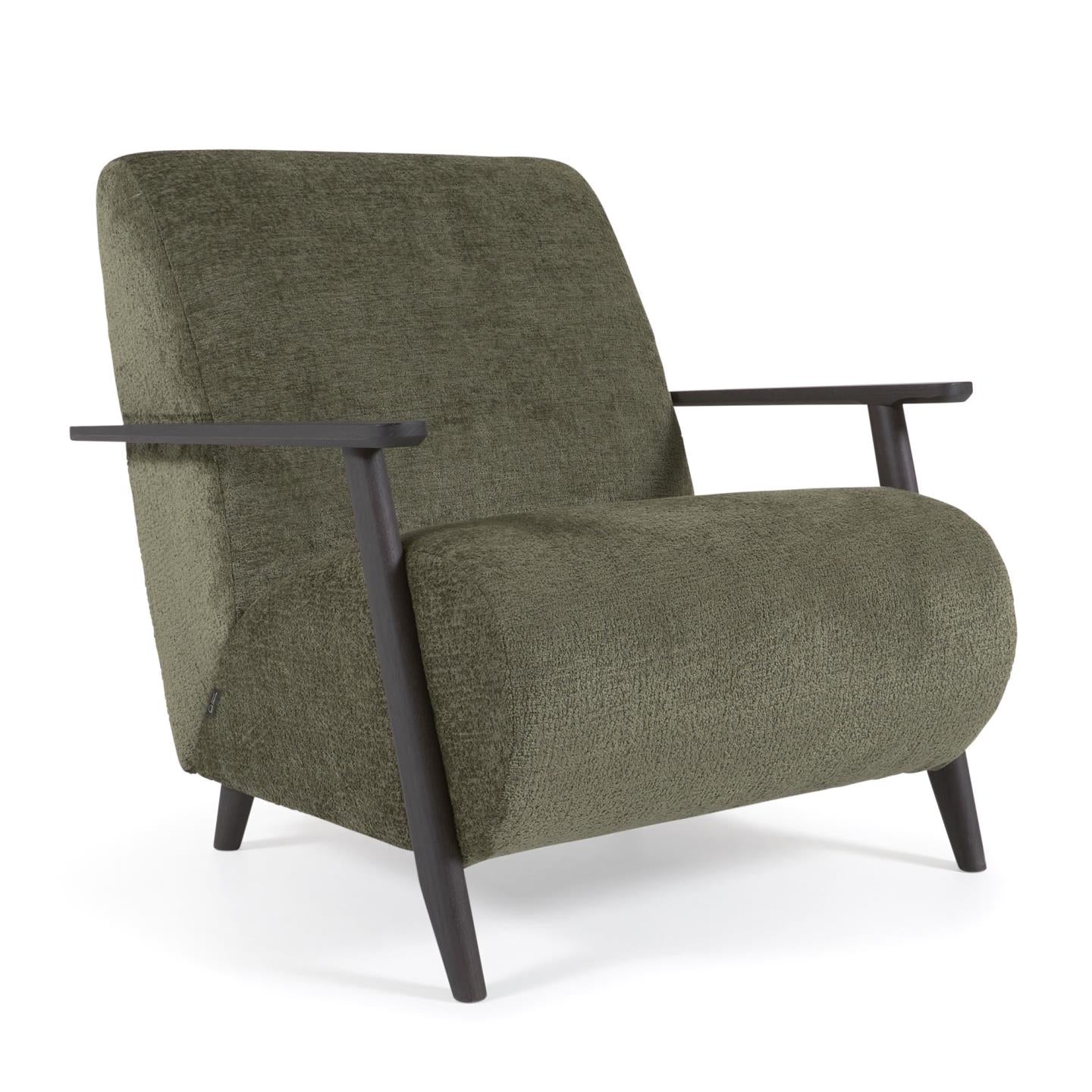 Meghan armchair in green chenille and wood with wenge finish