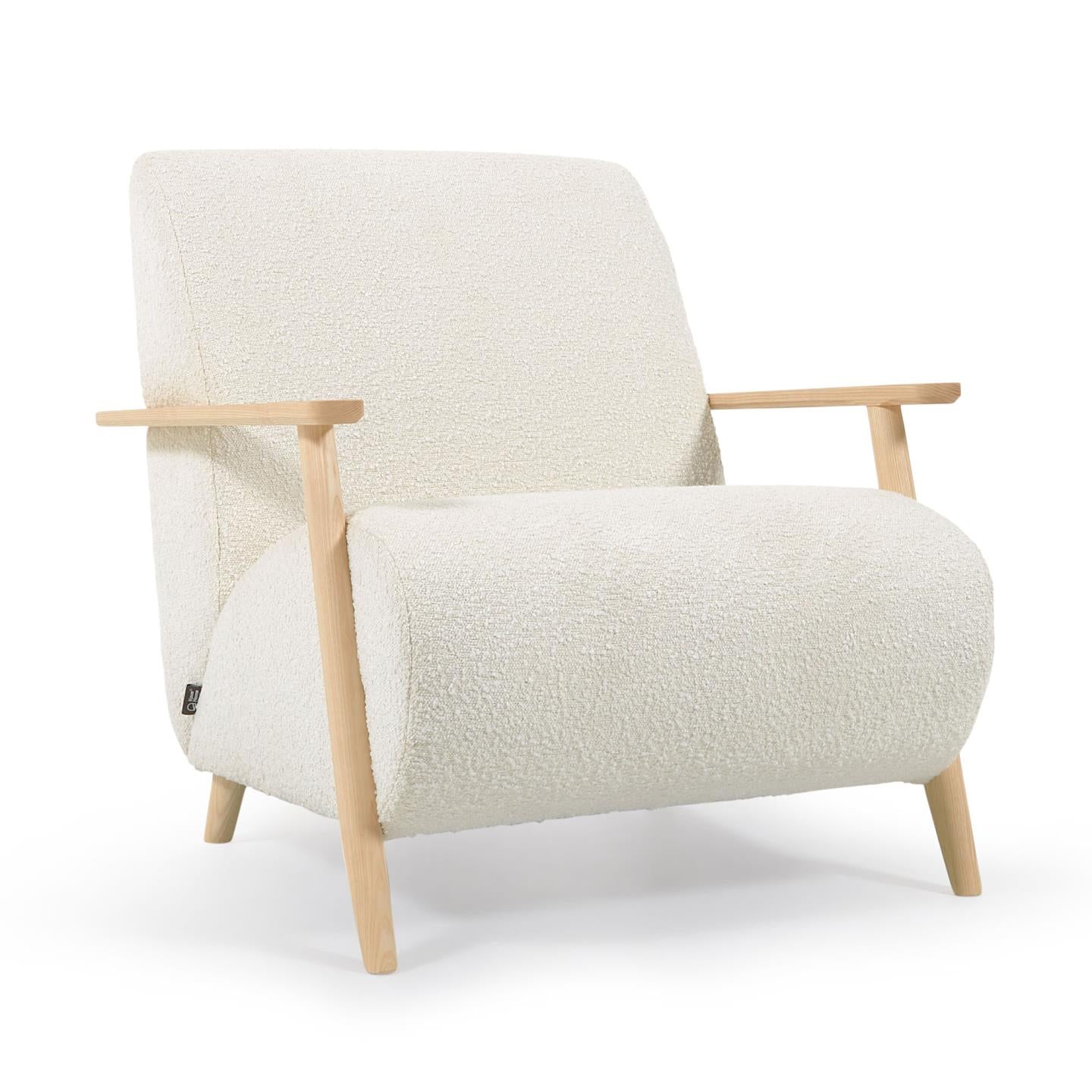 Meghan armchair in white fleece with solid ash legs with natural finish