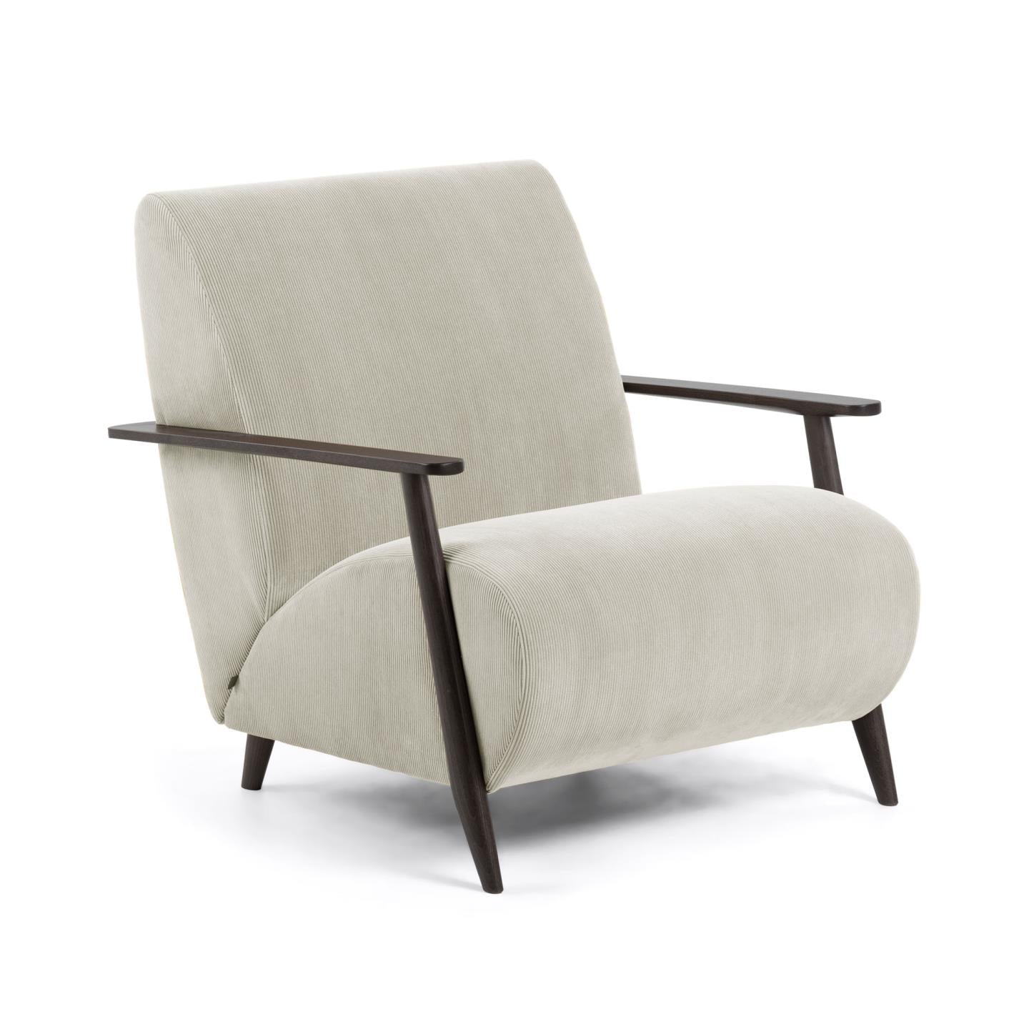 Meghan armchair in beige corduroy with solid ash legs in a wenge finish