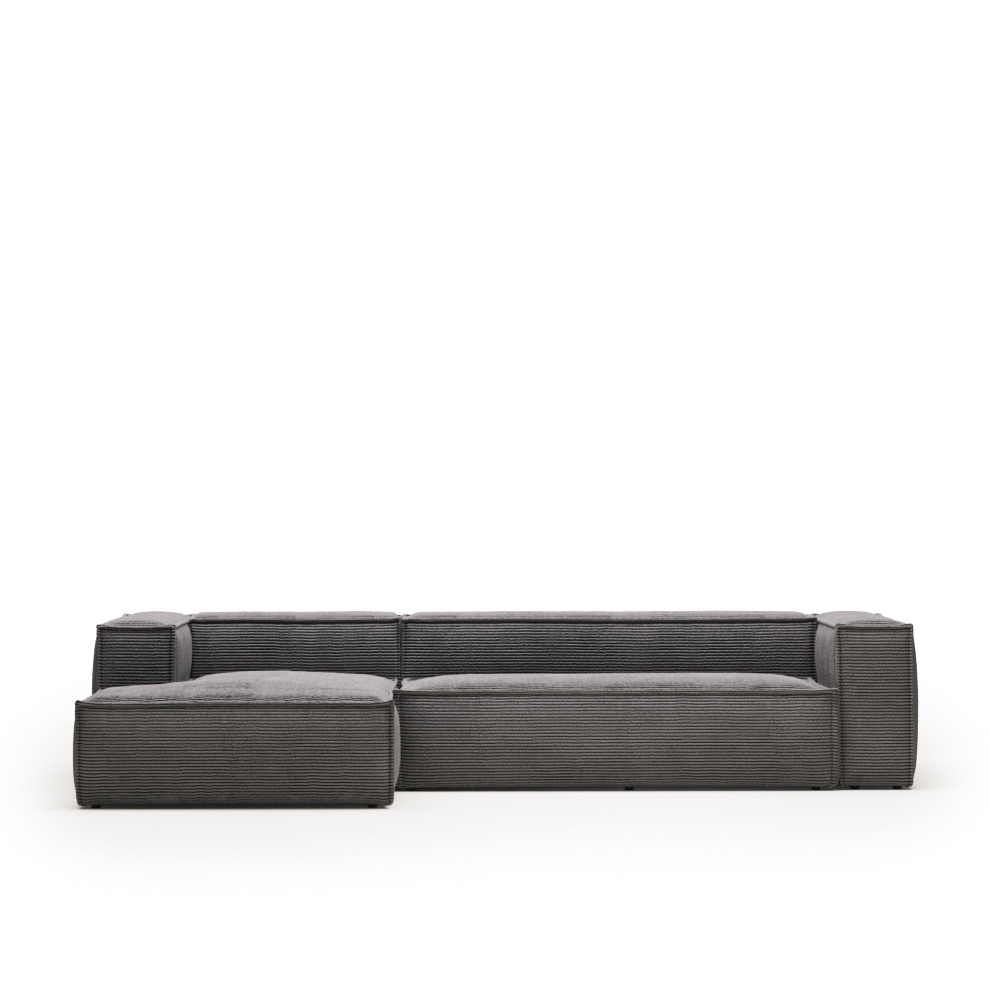Blok 4 személyes kanapé bal oldali fekvőfotellel, szürke széles varrású kordbársonyból, 330 cm