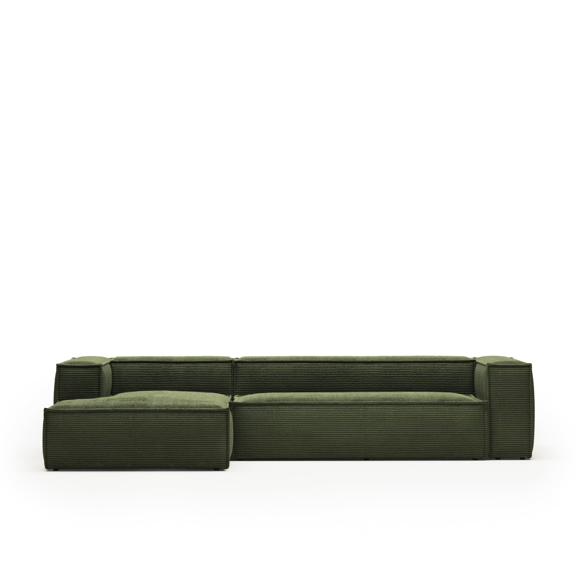 Blok 4 személyes kanapé bal oldali fekvőfotellel, zöld széles varrású kordbársonyból, 330 cm