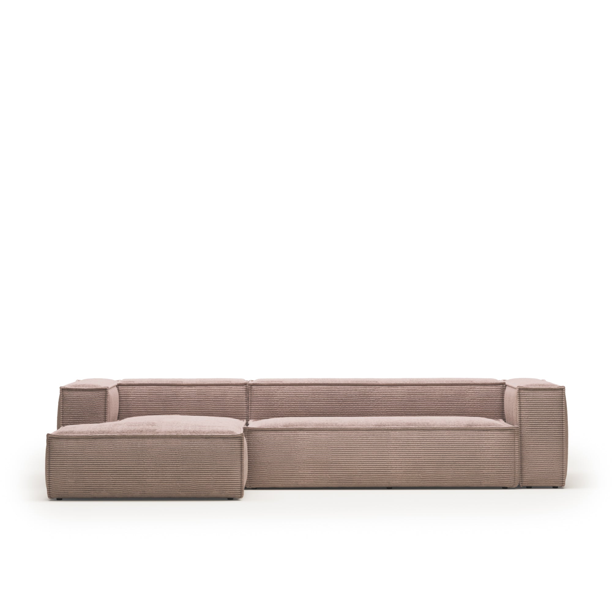 Blok 4 személyes kanapé bal oldali fekvőfotellel, rózsaszín, széles varrású kordbársony, 330 cm