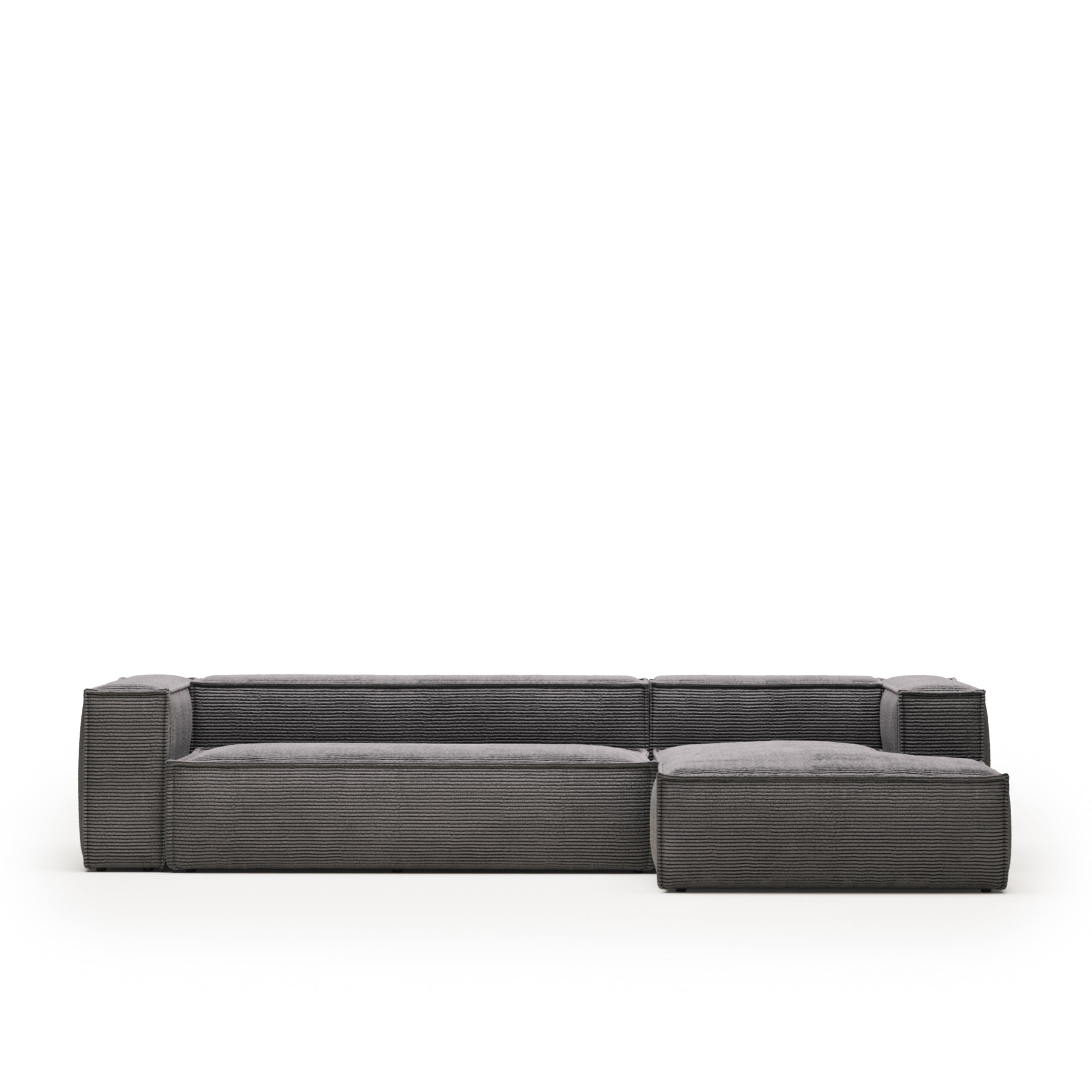 Blok 4 személyes kanapé jobb oldali fekvőfotellel, szürke, széles varrású kordbársonyból, 330 cm