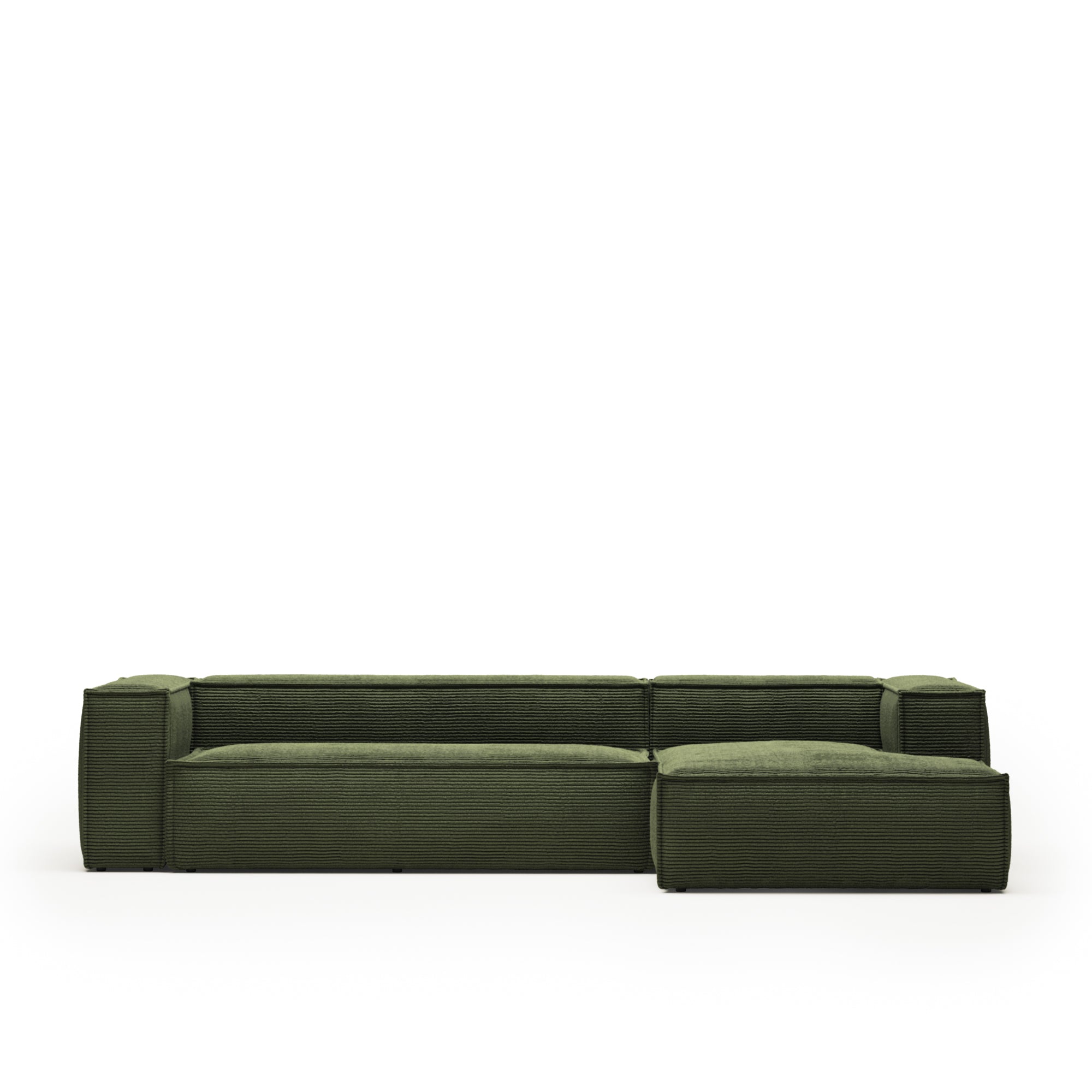 Blok 4 személyes kanapé jobb oldali fekvőfotellel, zöld széles varrású kordbársonyból, 330 cm