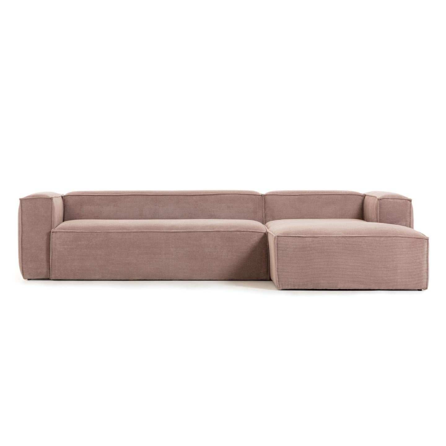 Blok 4 személyes kanapé jobb oldali fekvőfotellel, rózsaszín, széles varrású kordbársonyból, 330 cm