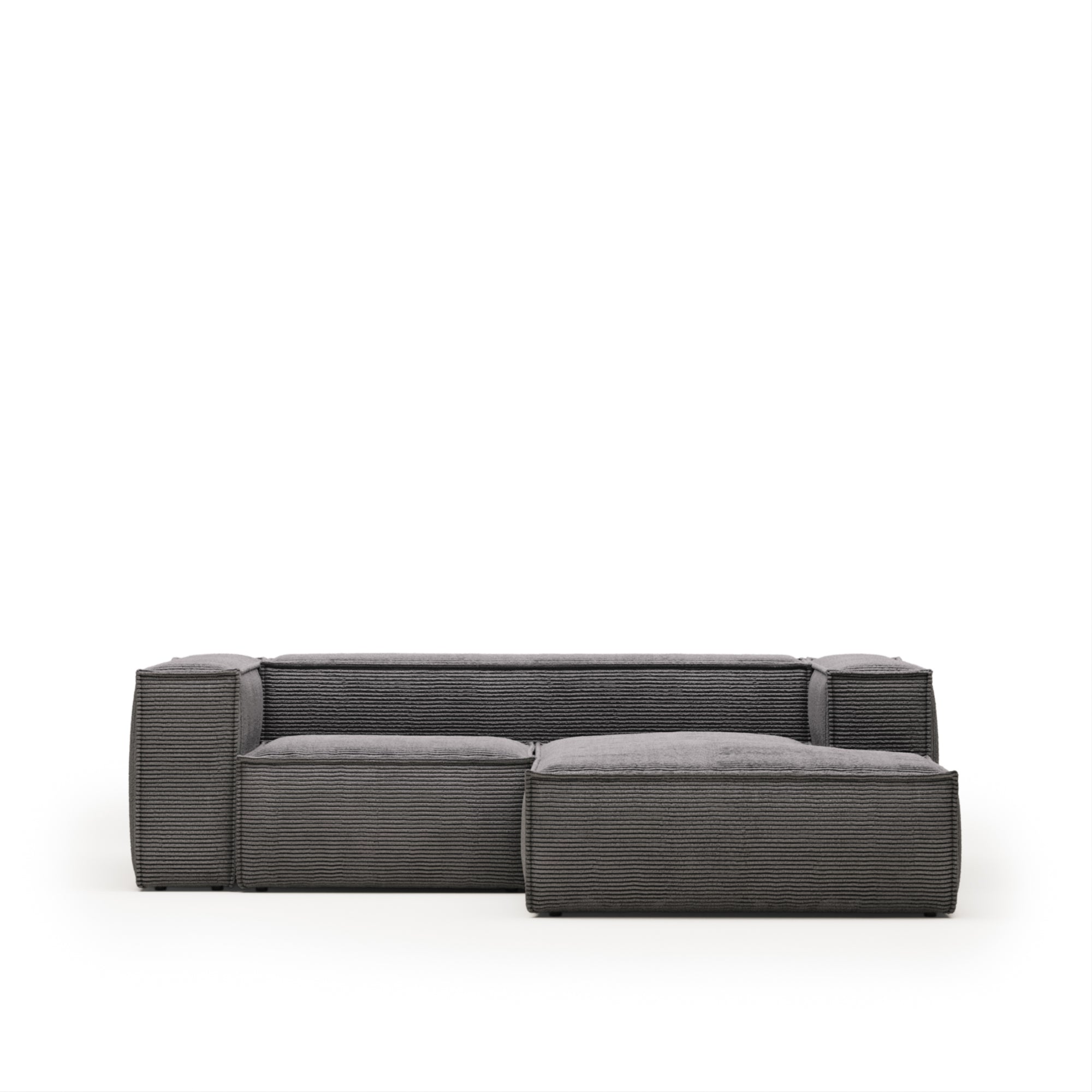 Blok 2 személyes kanapé jobb oldali fekvőfotellel, szürke széles varrású kordbársonyból, 240 cm