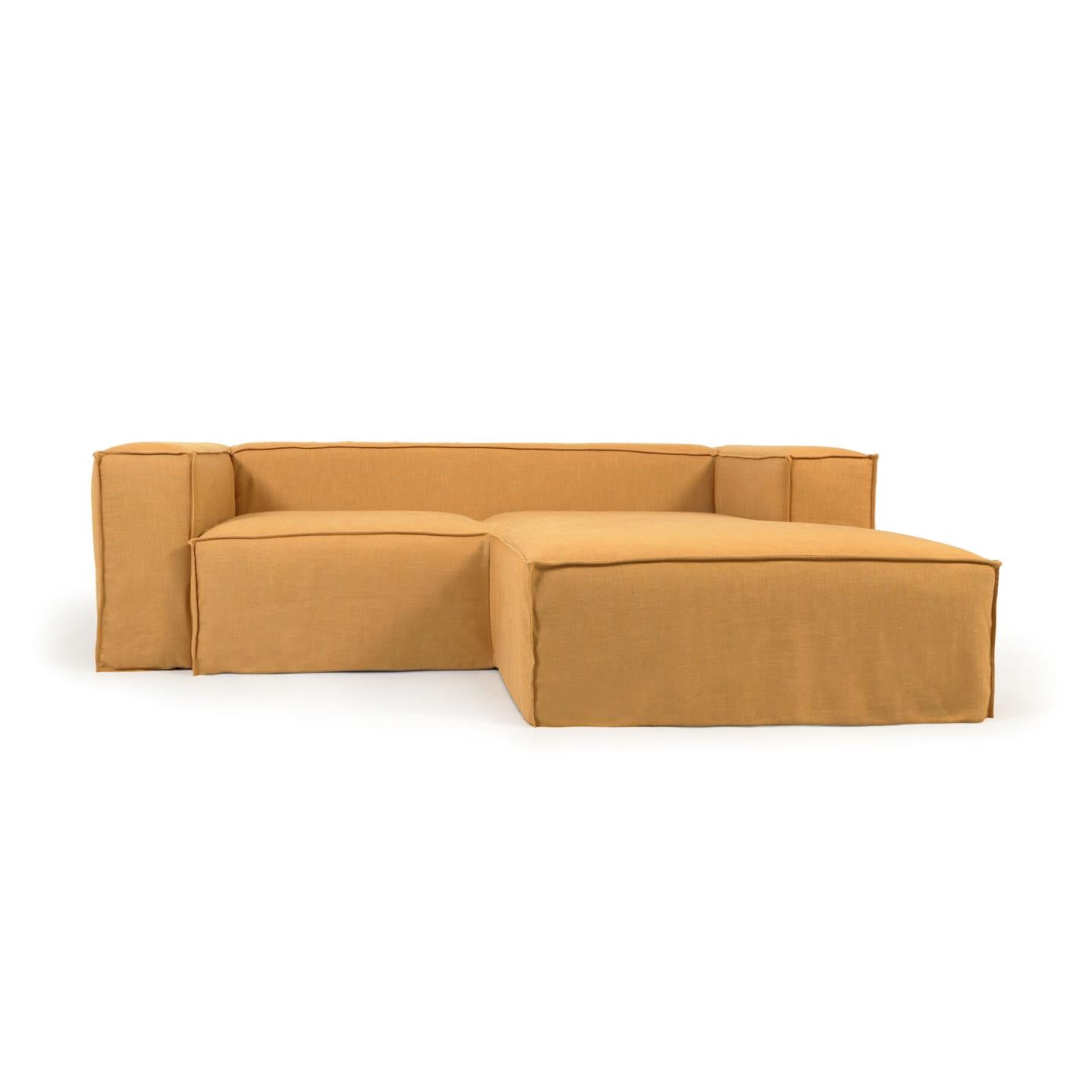 Blok 2 személyes kanapé jobb oldali fekvőfotellel és levehető huzattal, mustárszínű vászon, 240 cm