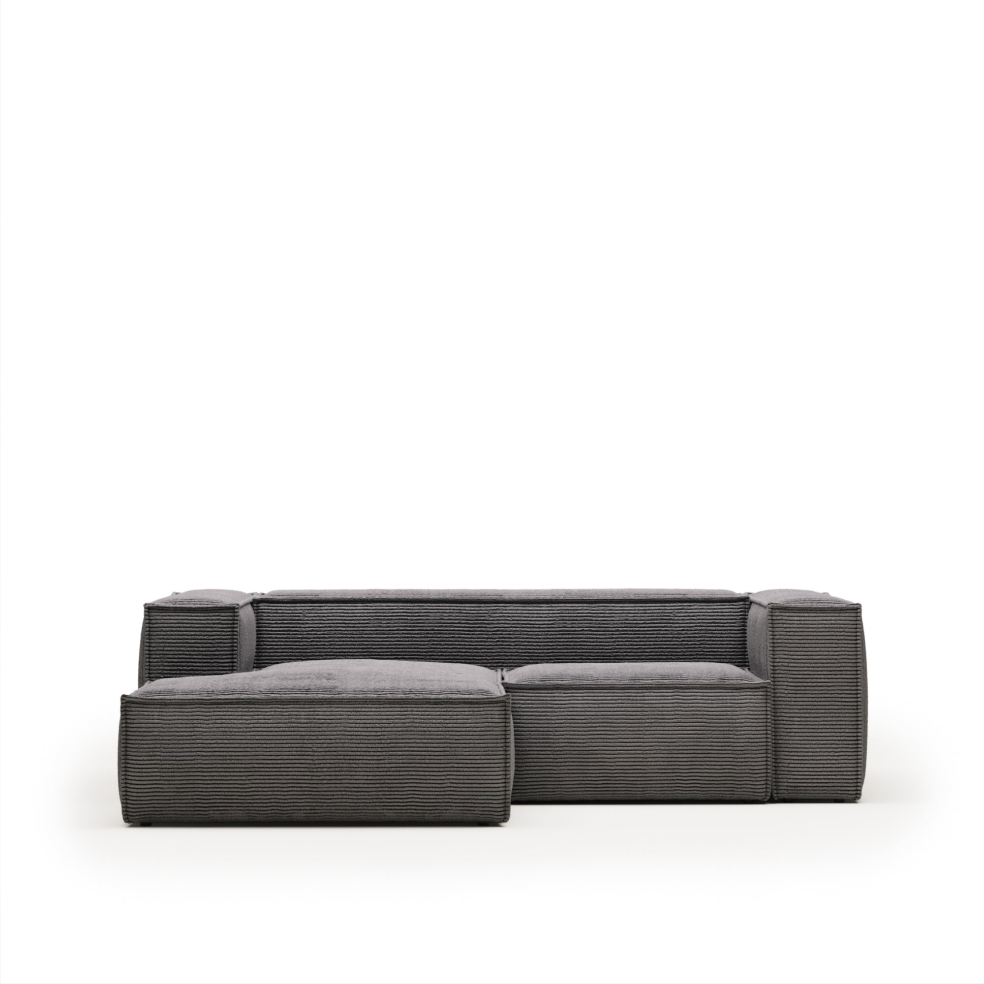 Blok 2 személyes kanapé bal oldali fekvőfotellel, szürke, széles varrású kordbársonyból, 240 cm