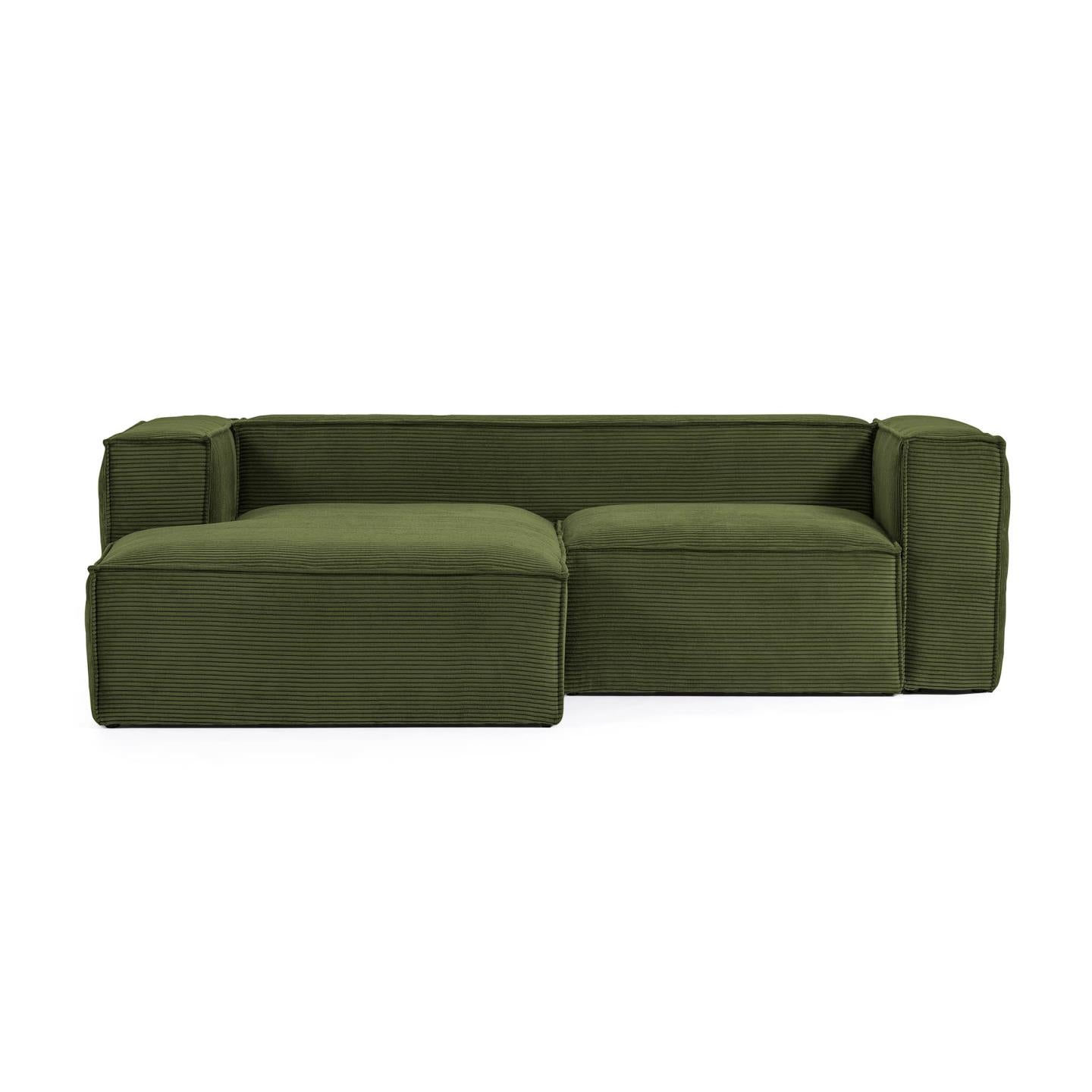 Blok 2 személyes kanapé bal oldali fekvőfotellel, zöld, széles varrású kordbársonyból, 240 cm