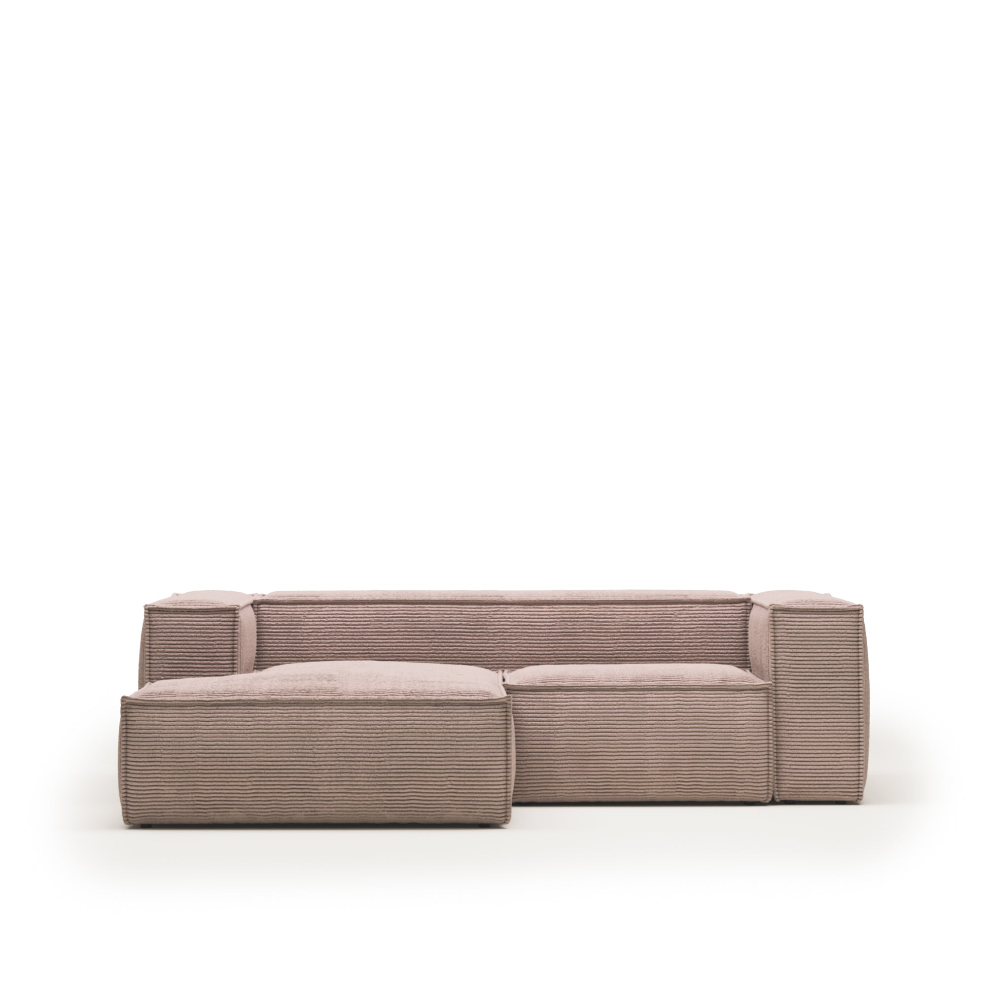 Blok 2 személyes kanapé bal oldali fekvőfotellel, rózsaszín széles varrású kordbársonyból, 240 cm