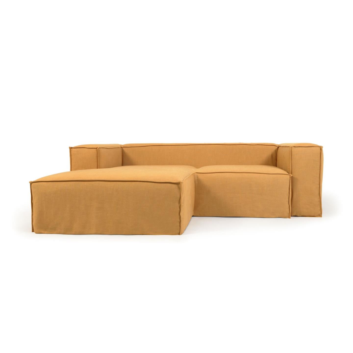 Blok 2 személyes kanapé bal oldali fekvőfotellel és levehető huzattal, mustárszínű vászon, 240 cm