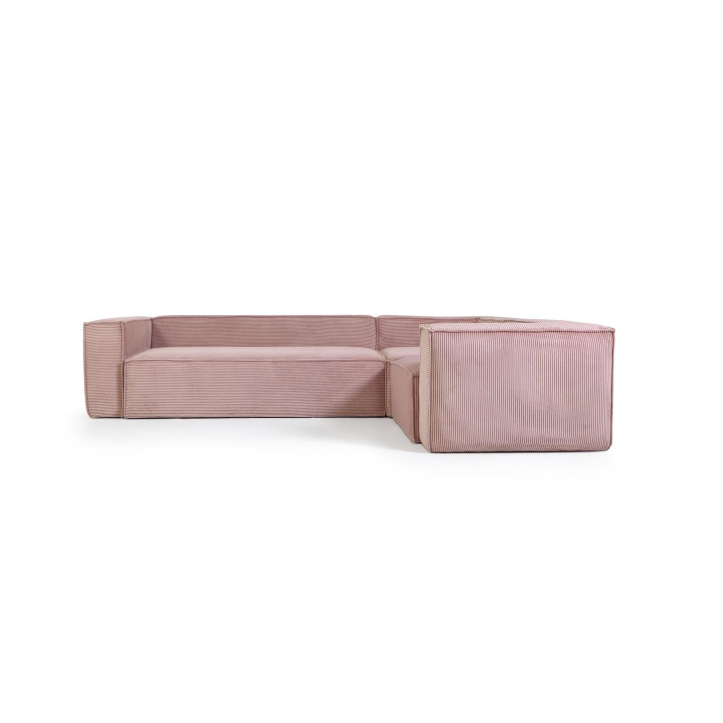 Blok 4 személyes sarokkanapé rózsaszín, széles varrású kordbársonyból, 320 x 230 cm / 230 x 320 cm