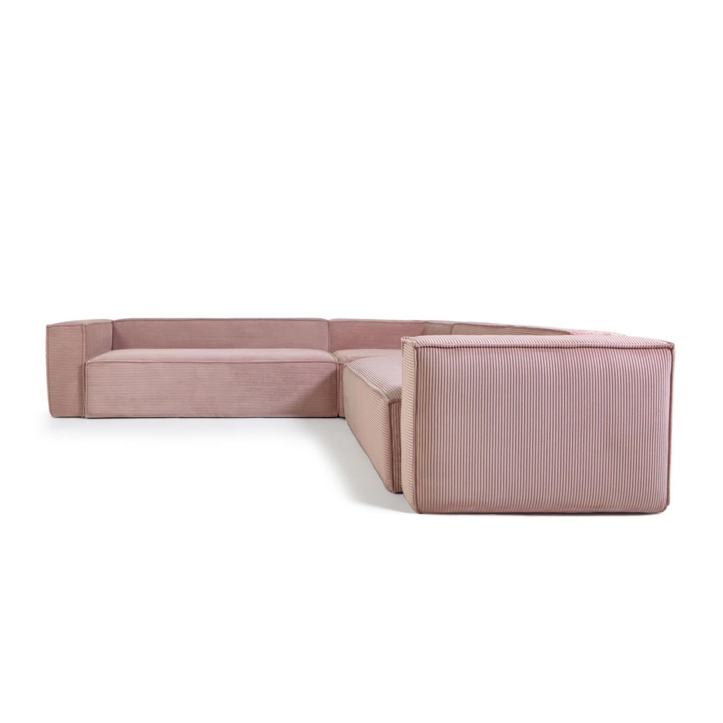 Blok 6 személyes sarokkanapé rózsaszín, széles varrású kordbársonyból, 320 x 320 cm