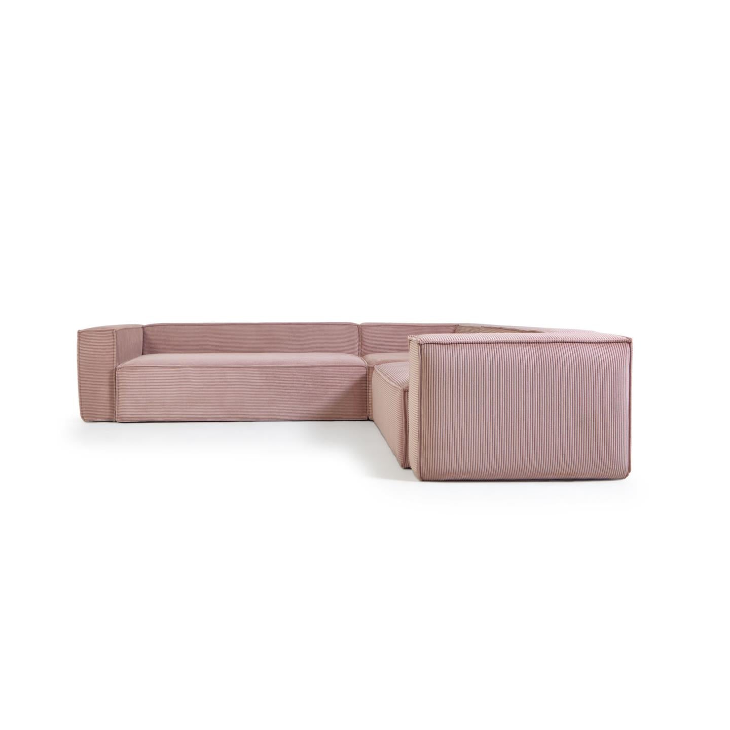 Blok 5 személyes sarokkanapé rózsaszín, széles varrású kordbársonyból, 320 x 290 / 290 x 320 cm