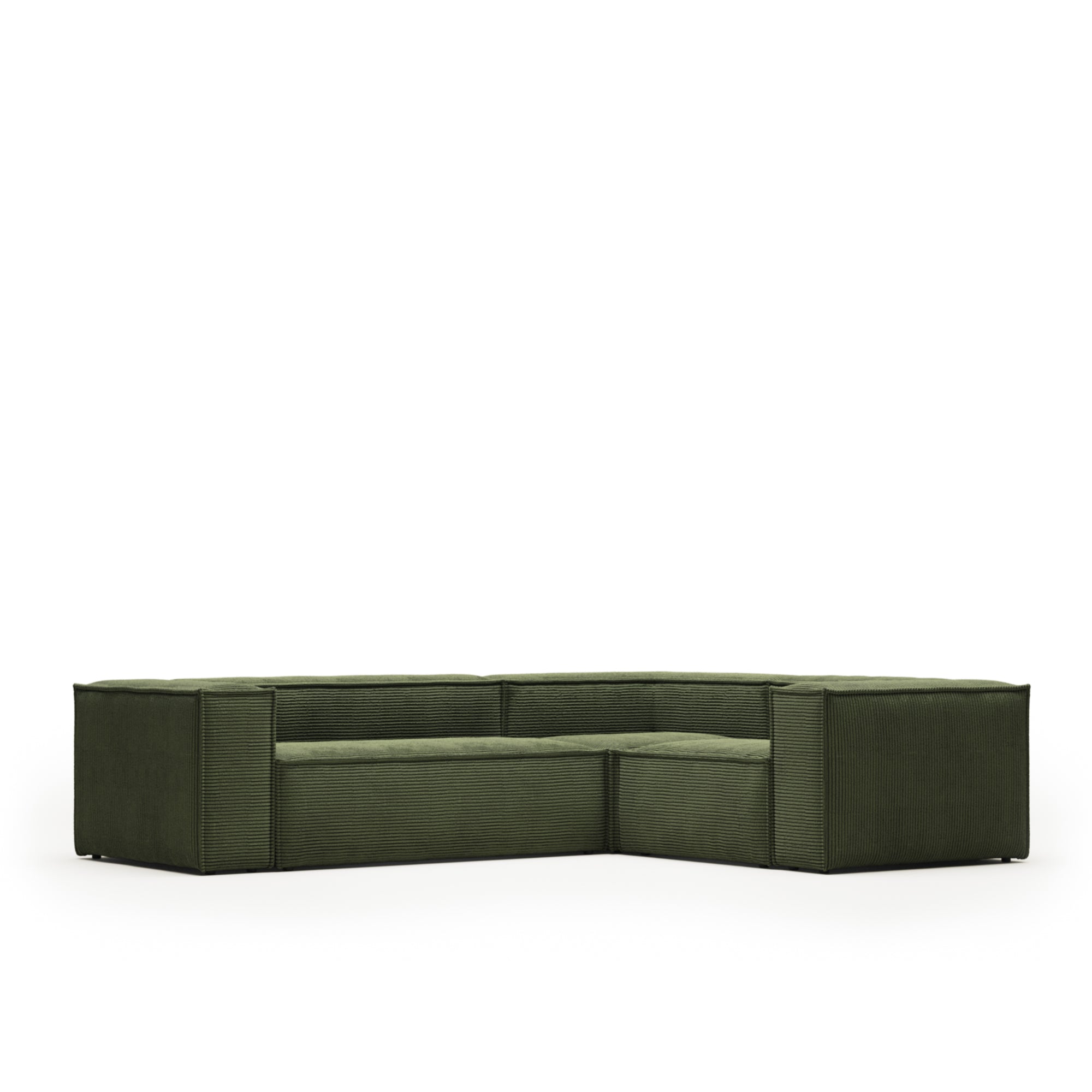 Blok 3 személyes sarokkanapé, zöld, széles varrású kordbársony, 290 x 230 cm / 230 cm 290 cm