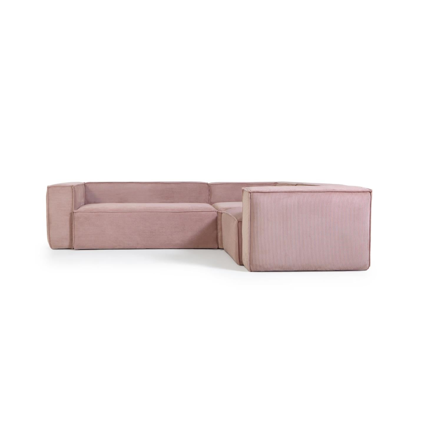 Blok 3 személyes sarokkanapé rózsaszín, széles varrású kordbársony, 290 x 230 cm / 230 cm 290 cm
