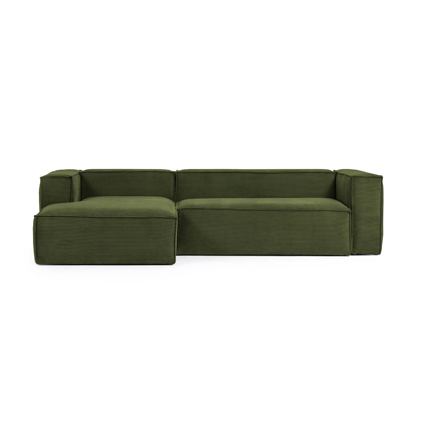 Blok 3 személyes kanapé bal oldali fekvőfotellel, zöld széles varrású kordbársonyból, 300 cm