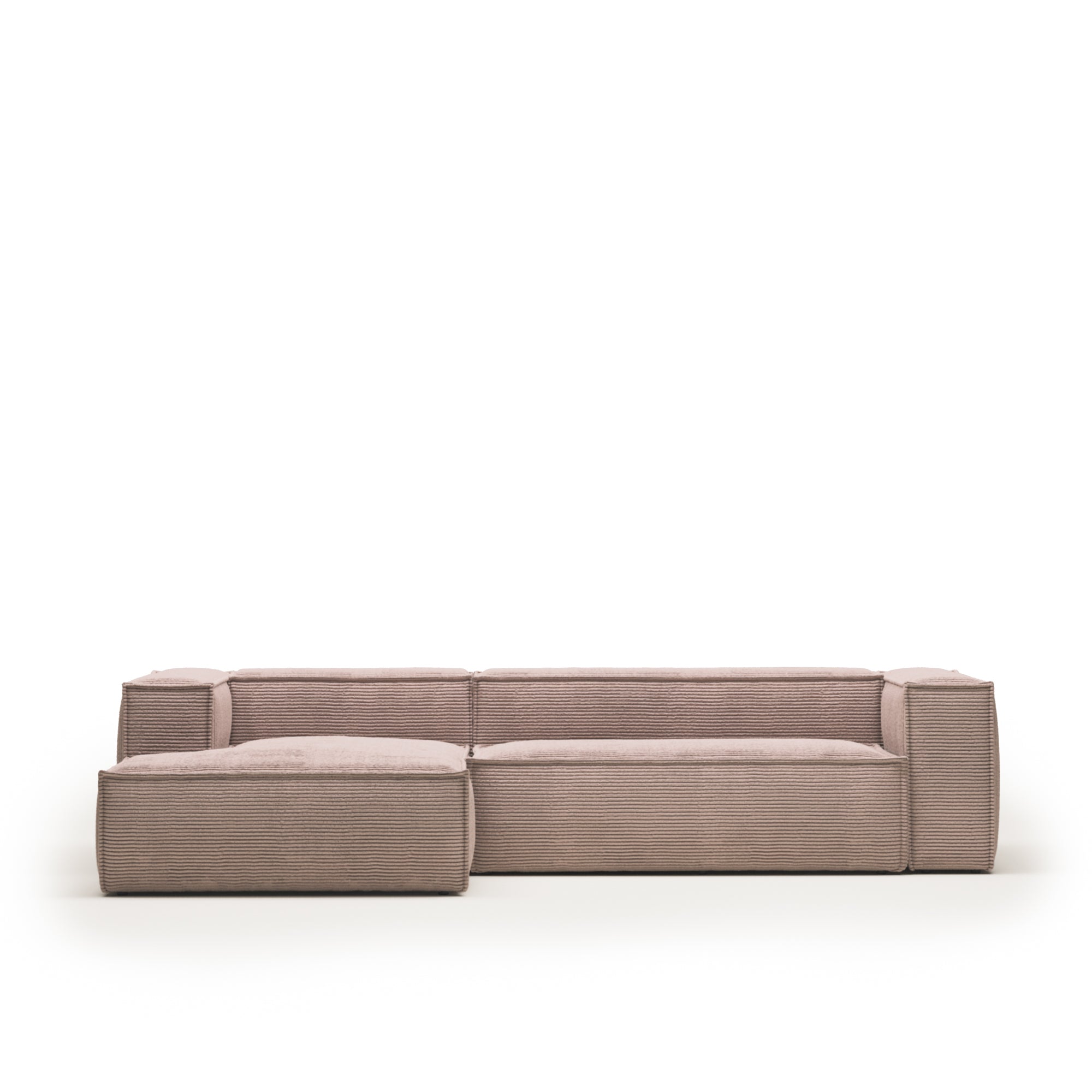 Blok 3 személyes kanapé bal oldali fekvőfotellel, rózsaszín, széles varrású kordbársonyból, 300 cm