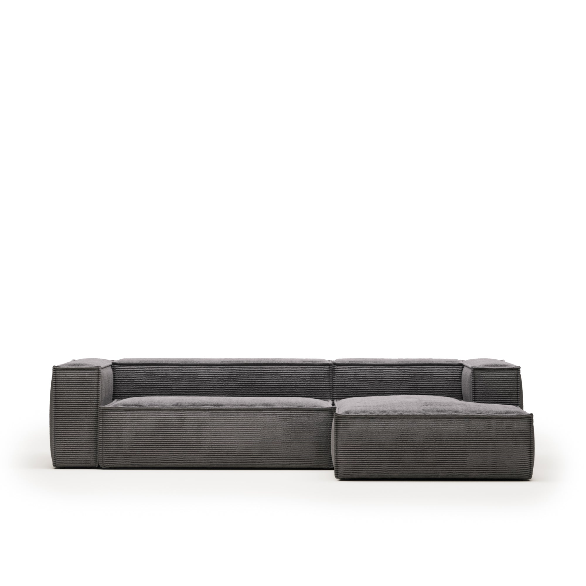 Blok 3 személyes kanapé jobb oldali fekvőfotellel, szürke, széles varrású kordbársonyból, 300 cm