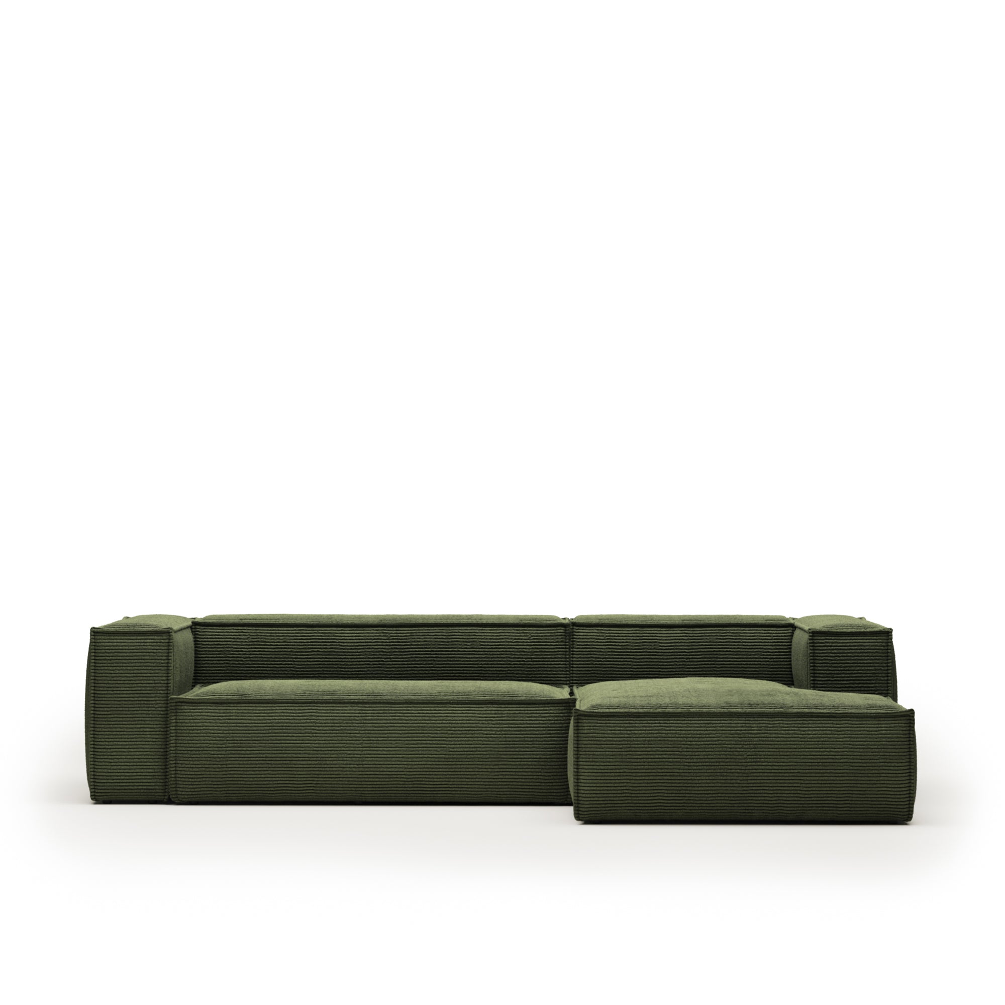 Blok 3 személyes kanapé jobb oldali fekvőfotellel, zöld széles varrású kordbársonyból, 300 cm