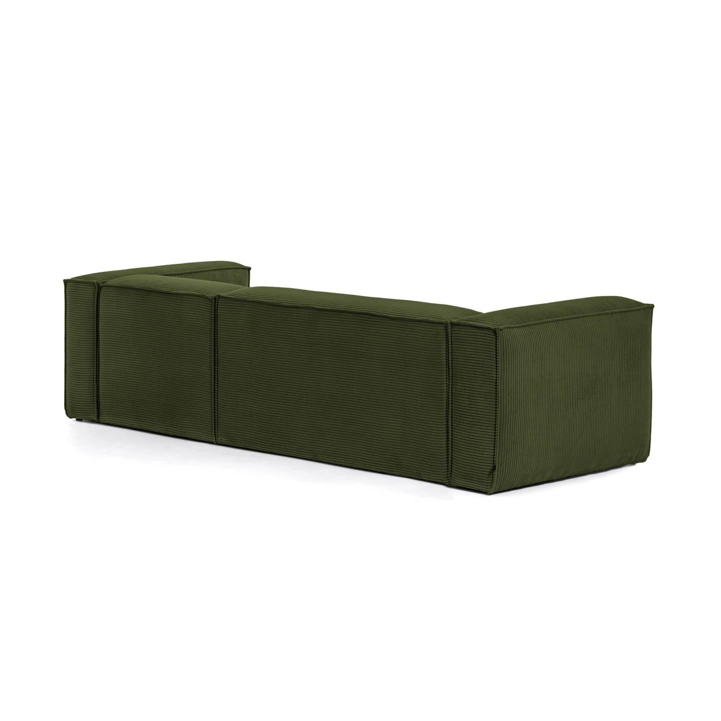 Blok 3 személyes kanapé jobb oldali fekvőfotellel, zöld széles varrású kordbársonyból, 300 cm