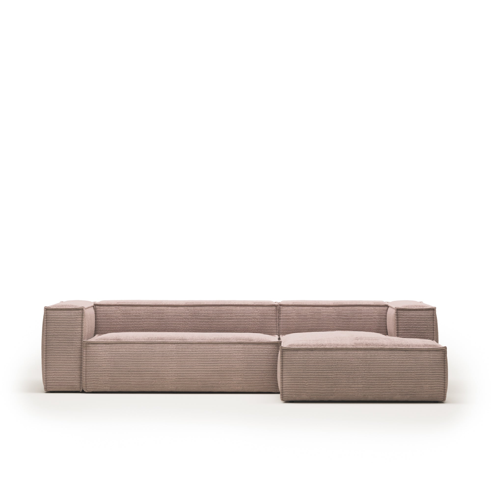 Blok 3 személyes kanapé jobb oldali fekvőfotellel, rózsaszín, széles varrású kordbársony, 300 cm