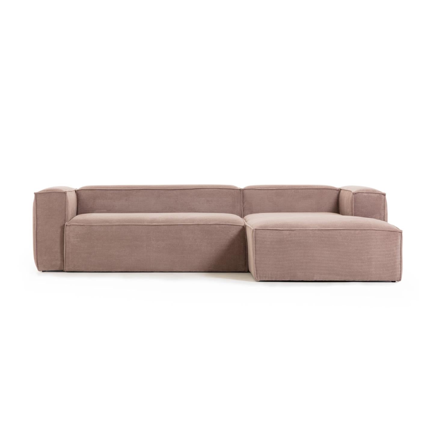 Blok 3 személyes kanapé jobb oldali fekvőfotellel, rózsaszín, széles varrású kordbársony, 300 cm
