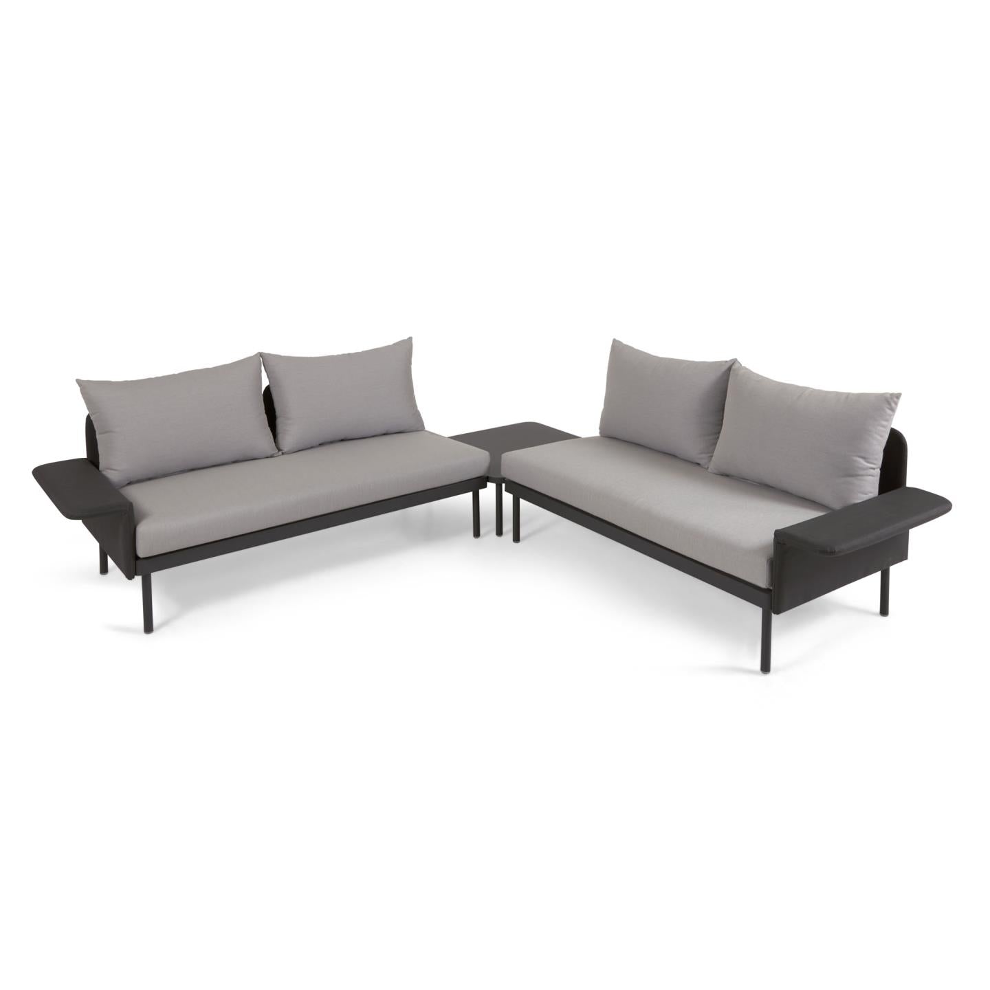 Zaltana outdoor corner sofa and table set in matte black aluminium, 164 cm