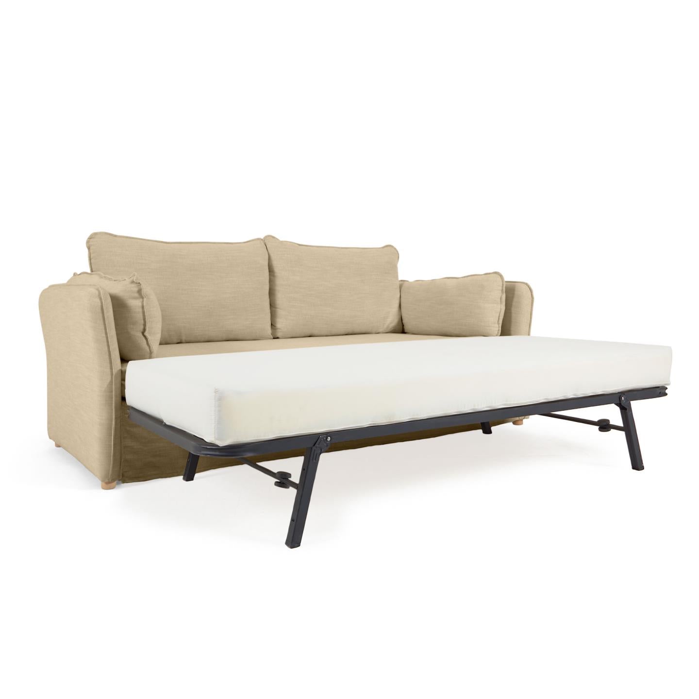 Tanit sofa bed in beige with natural finish solid beech wood legs, 210 cm