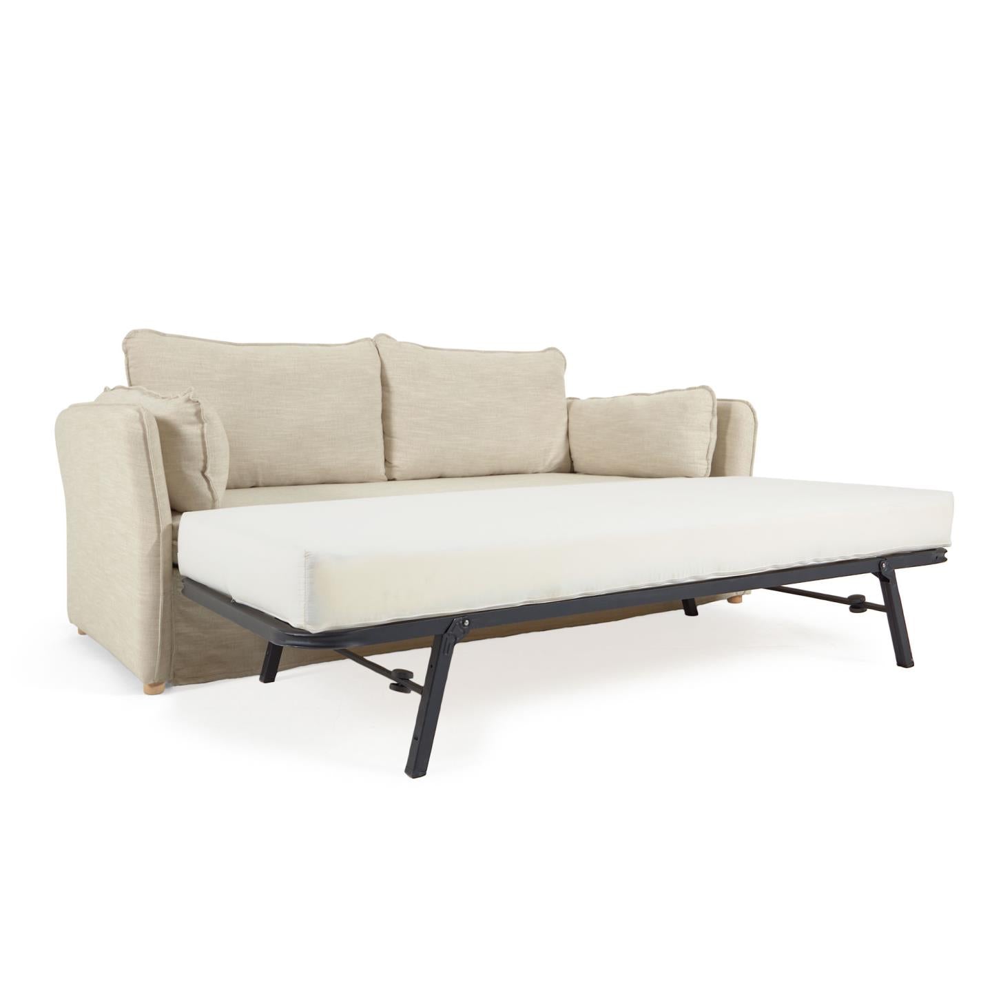 Tanit kanapéágy fehér színben, természetes kivitelben, tömör bükkfa lábakkal, 210 cm