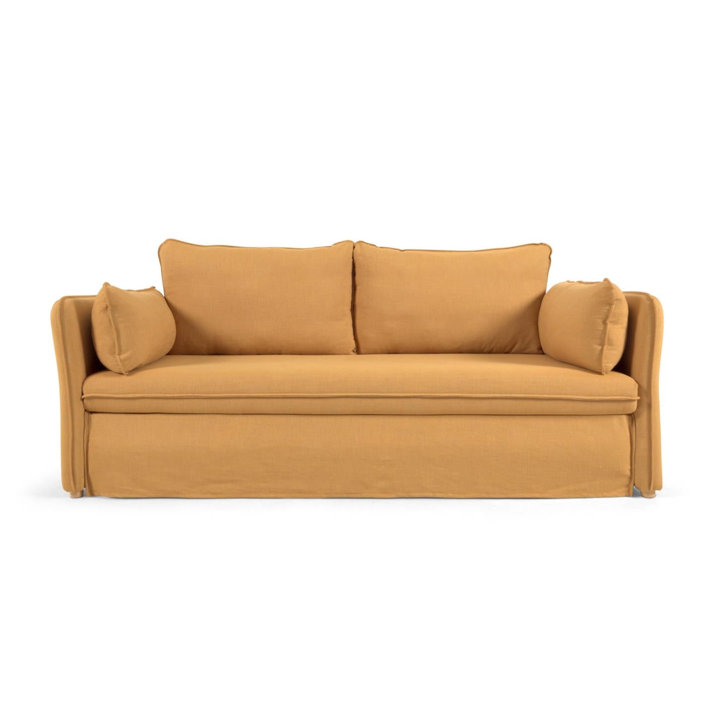 Tanit kanapéágy mustár színben, természetes kivitelben, tömör bükkfa lábakkal, 210 cm