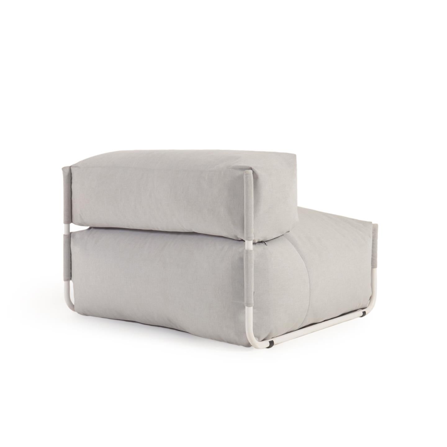 Square modular 100% outdoor sofa pouffe w/ backrest, light grey, white aluminium 101x101cm