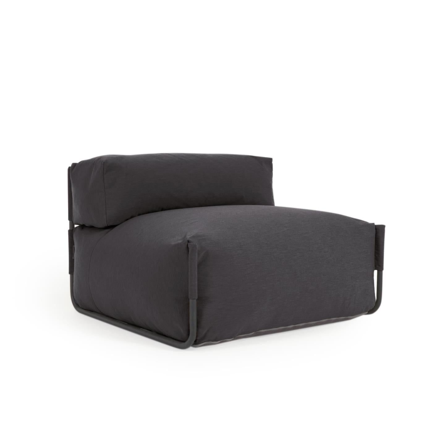 Square modular 100% outdoor sofa pouffe w/ backrest, dark grey, black aluminium, 101x101cm